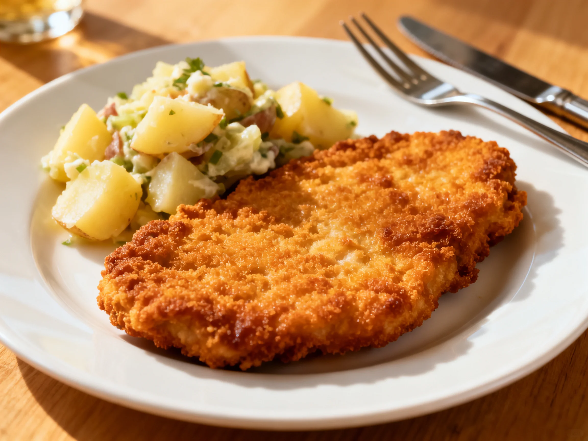 Golden-brown breaded cutlet and creamy potato salad on a white plate