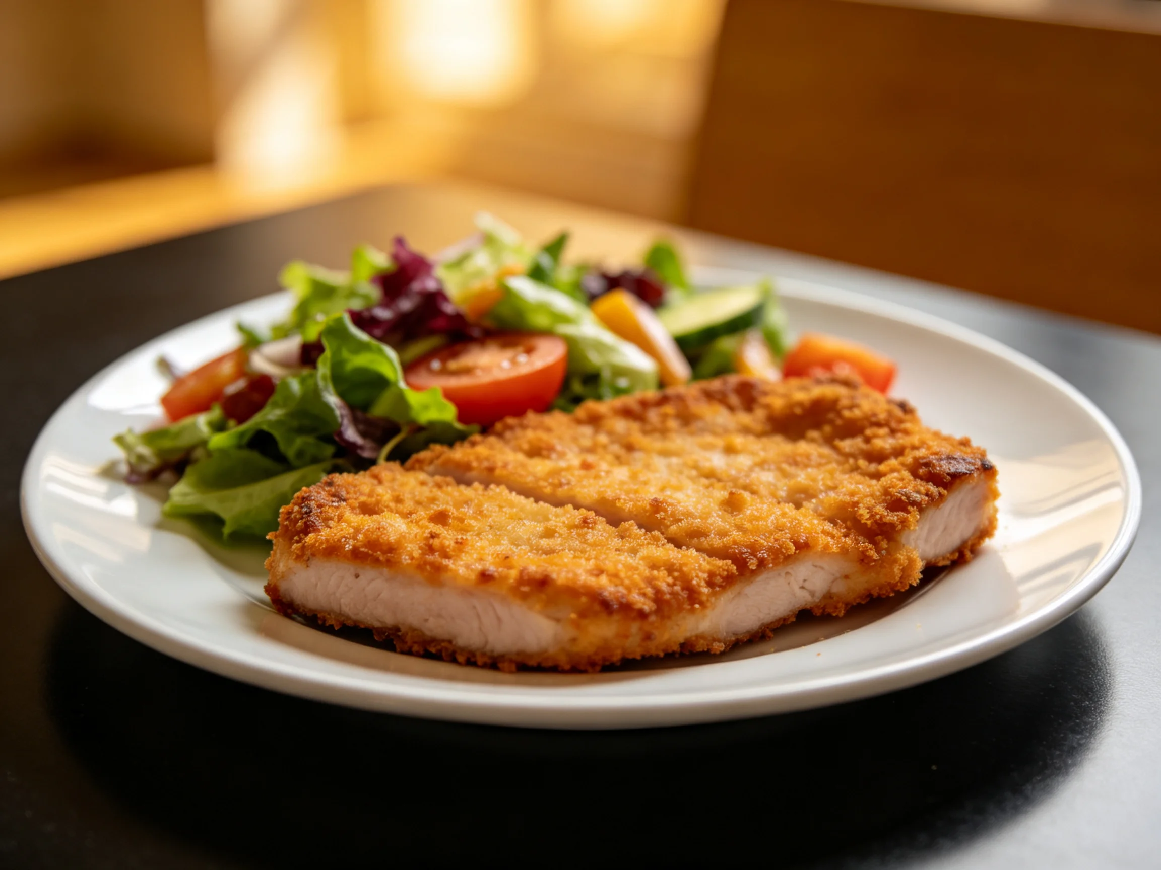 Golden-brown breaded pork cutlet with colorful mixed greens salad