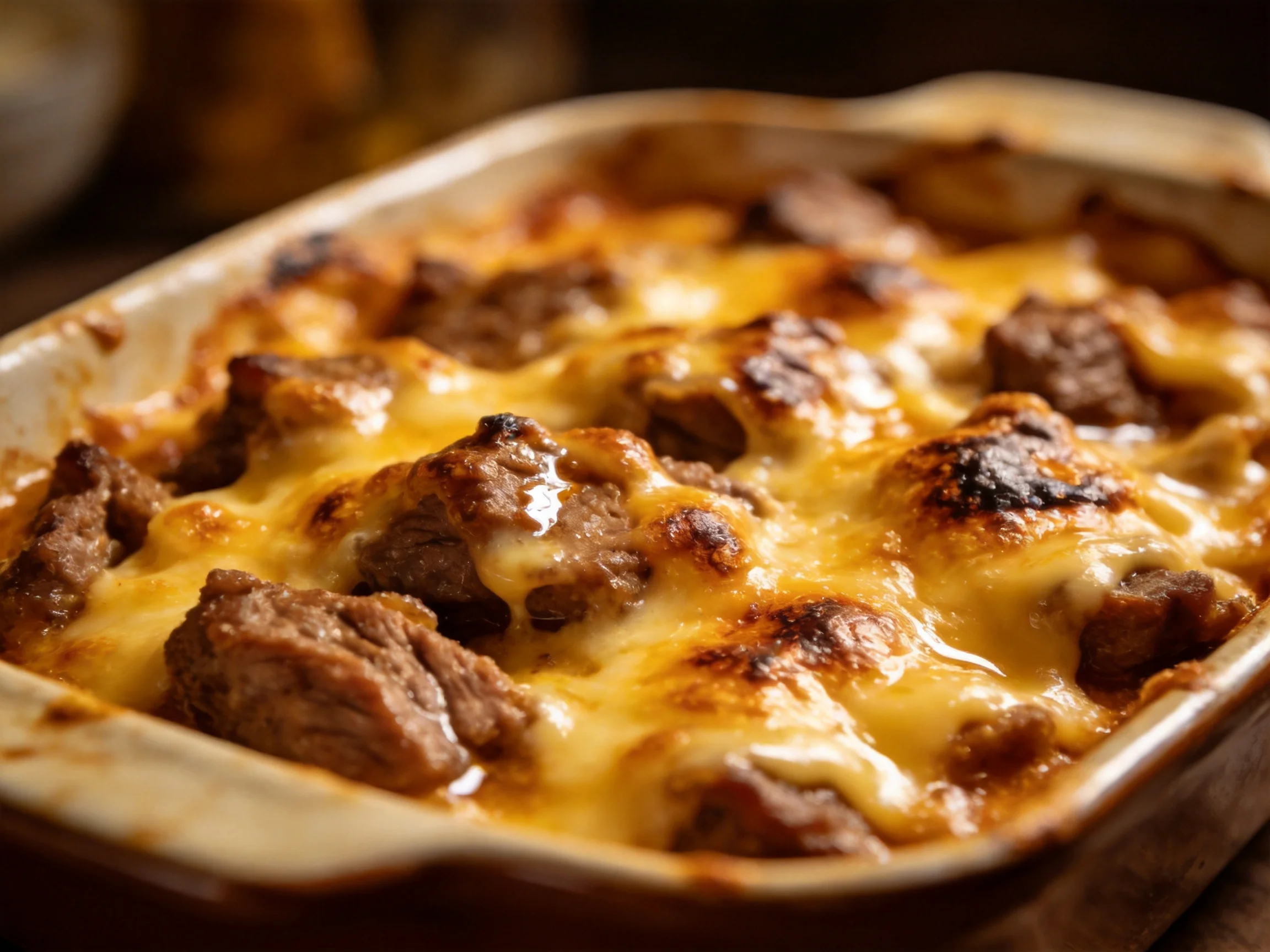 Golden-brown cheesy beef casserole in a rectangular baking dish