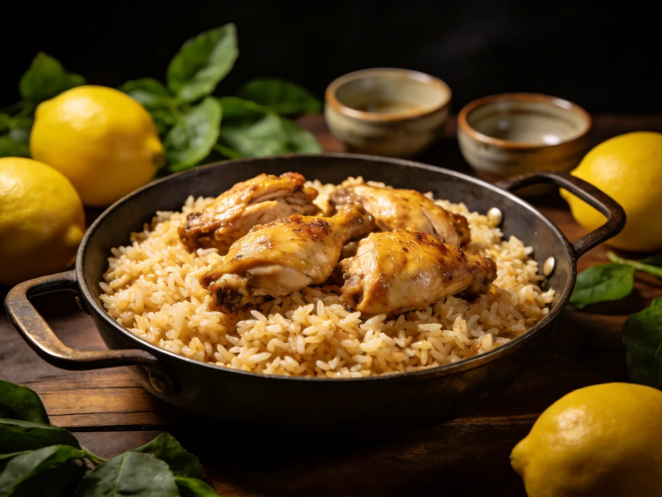Golden-brown chicken and rice in a pan with bright yellow lemons