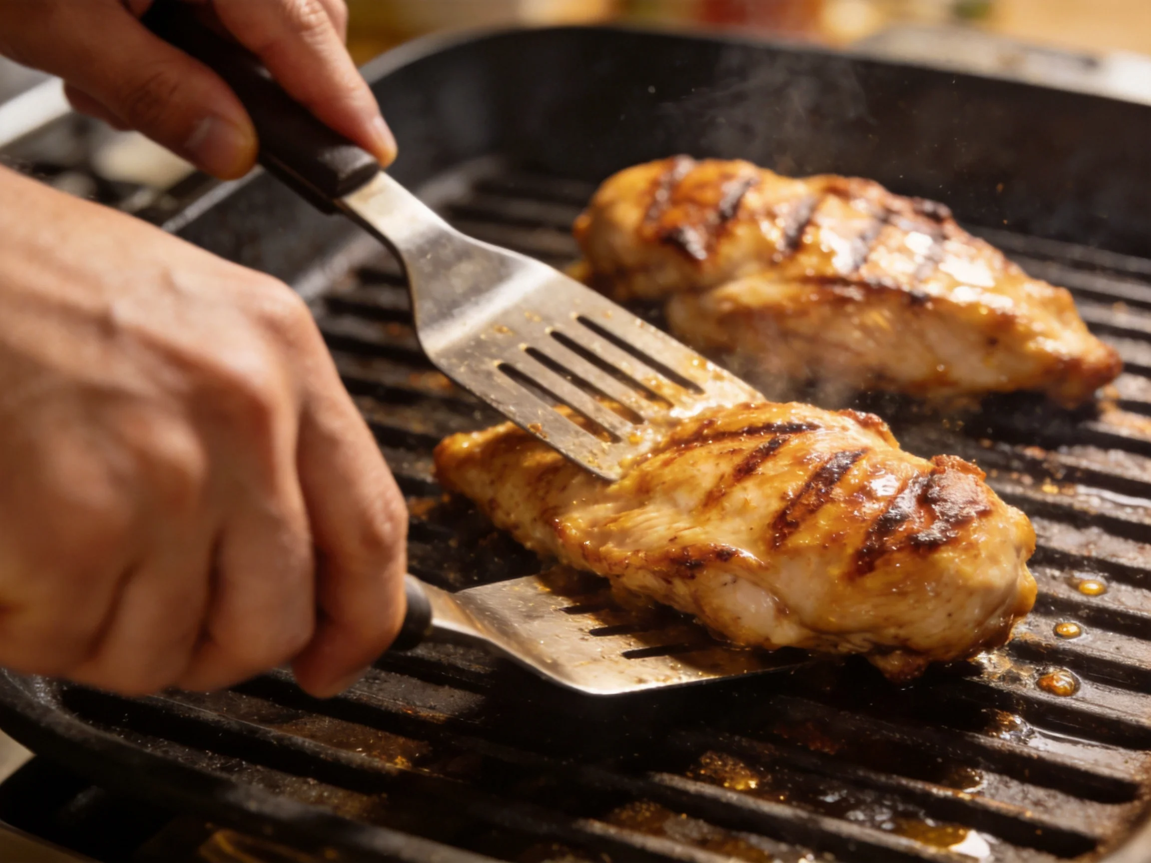 Golden-brown chicken being grilled with metal spatulas on a black grill pan
