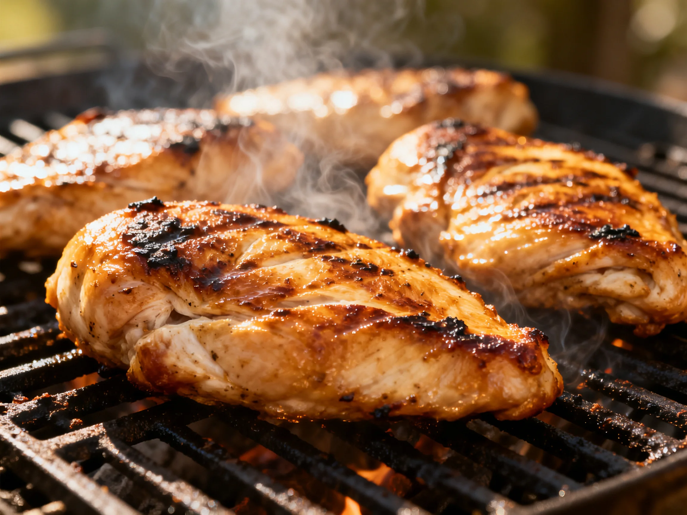 Golden-brown chicken breasts grilling on a black barbecue