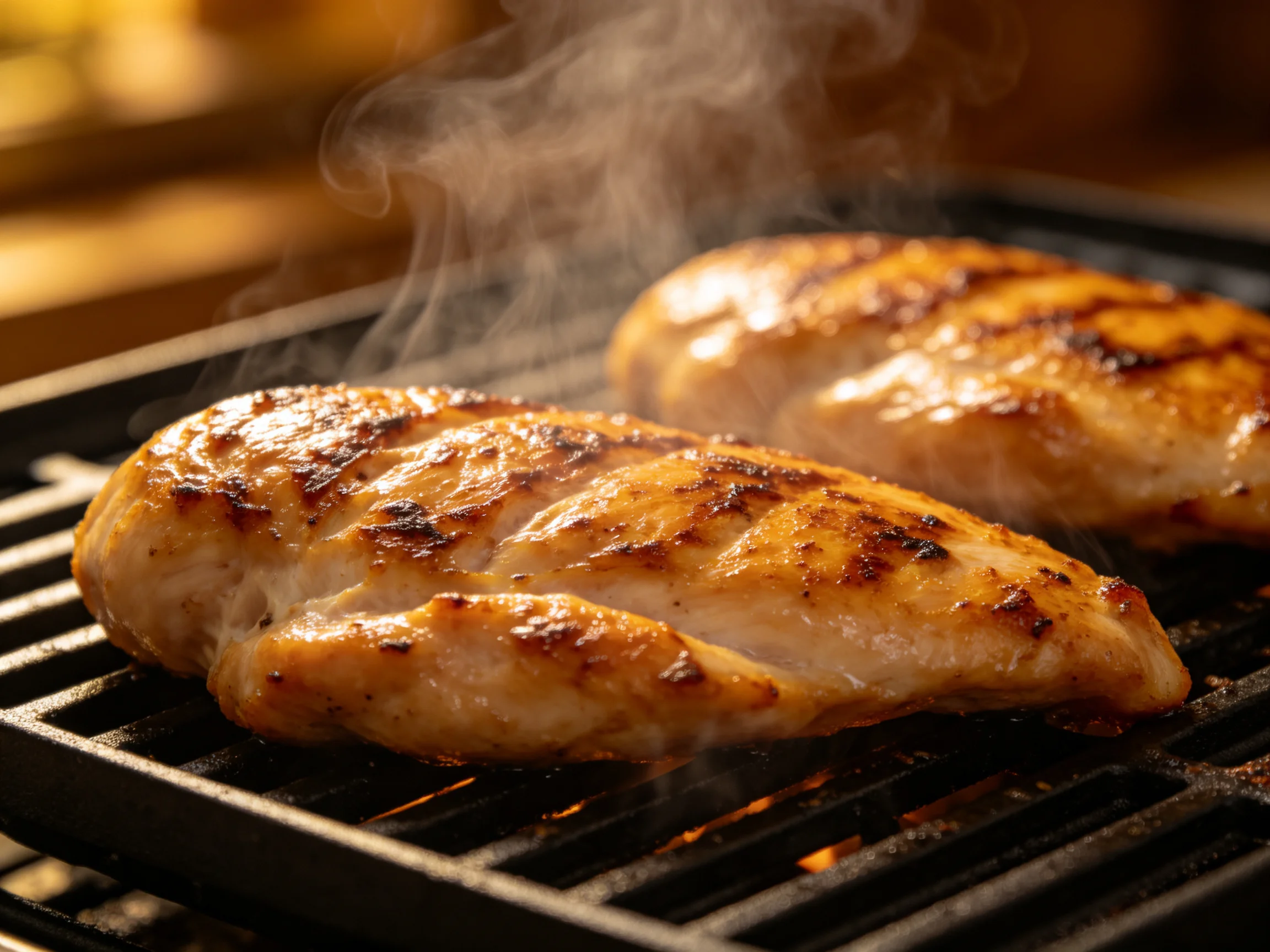 Golden-brown chicken breasts sizzling on a black grill with rising steam