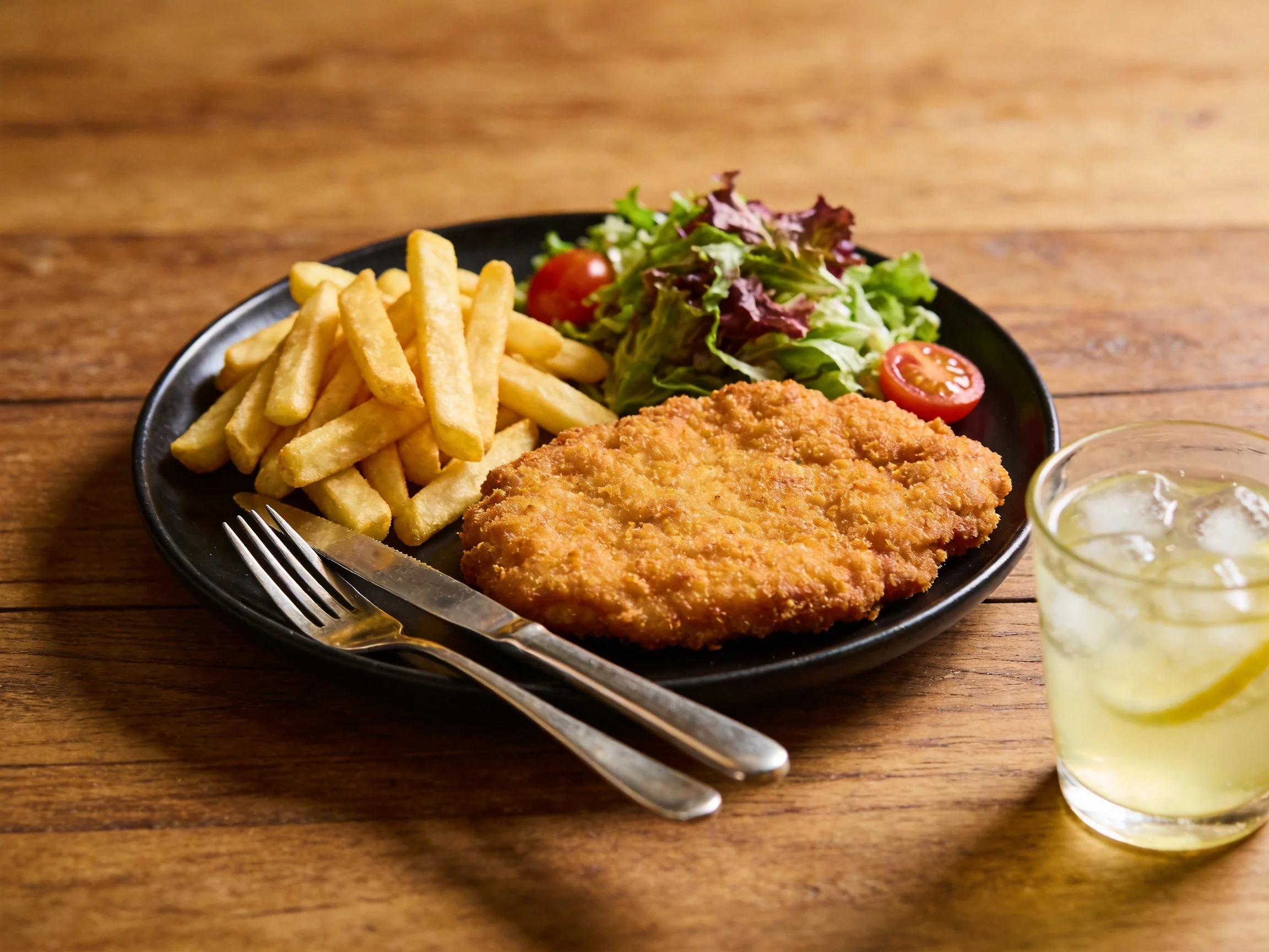 Golden-brown chicken cutlet with fries, salad, and lemonade on wooden table