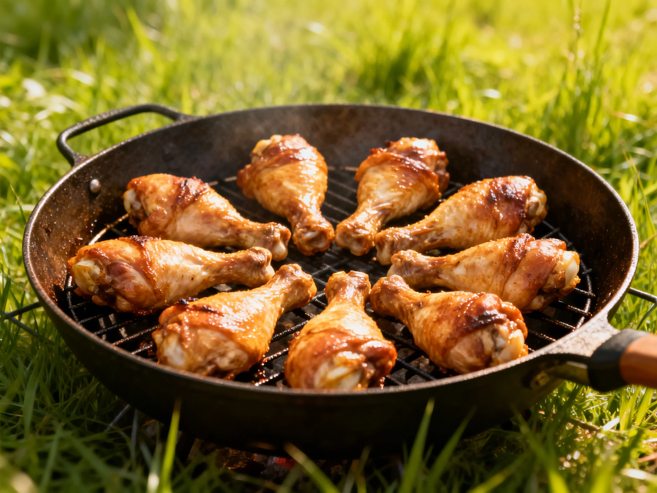 Golden-brown chicken drumsticks grilling on a black cast iron pan outdoors