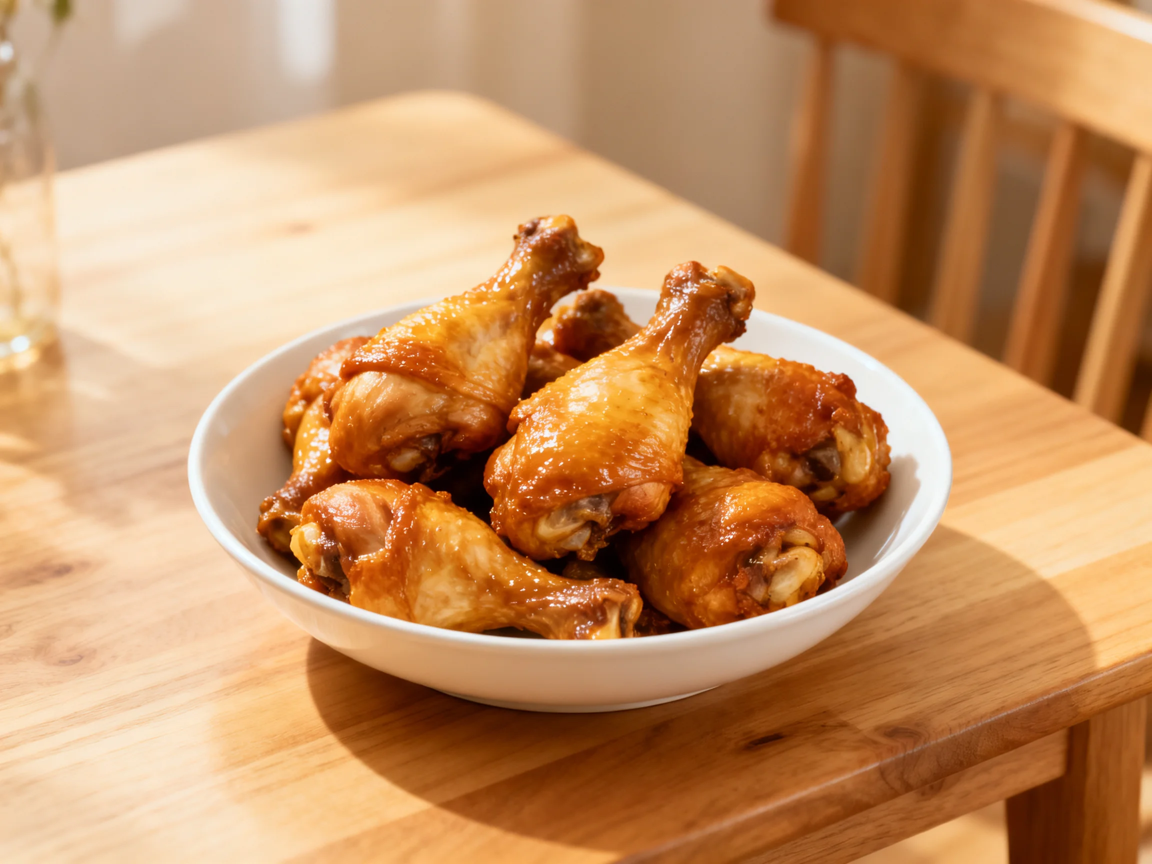 Golden-brown chicken drumsticks in a white bowl on a wooden table