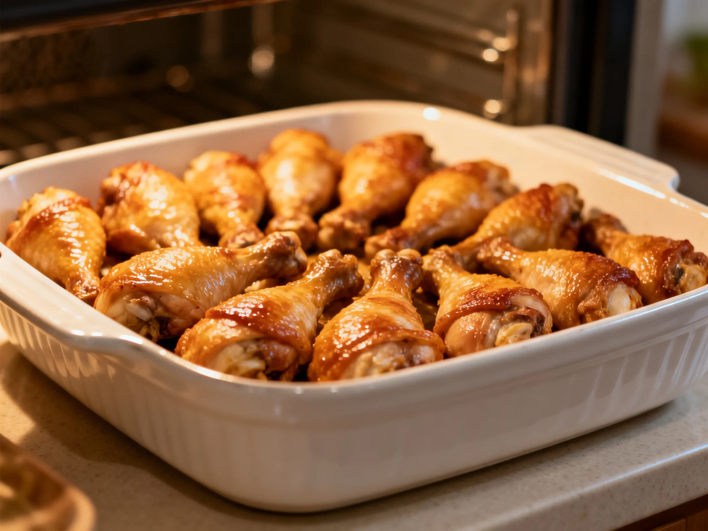 Golden-brown chicken drumsticks in a white ceramic baking dish