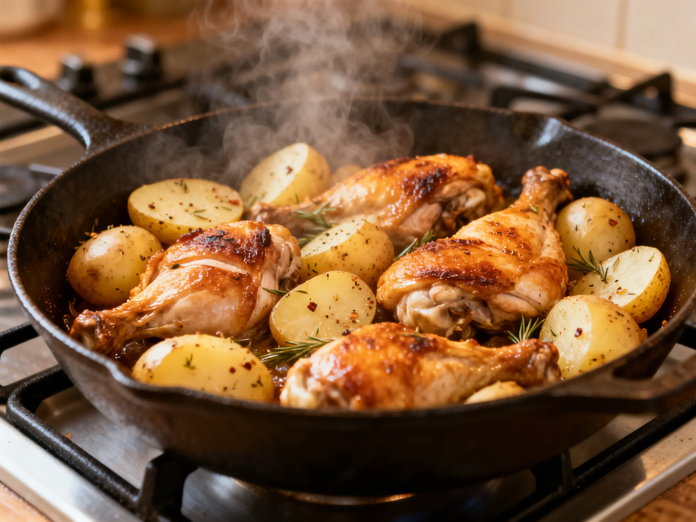 Golden-brown chicken drumsticks roast with potatoes in a cast iron skillet