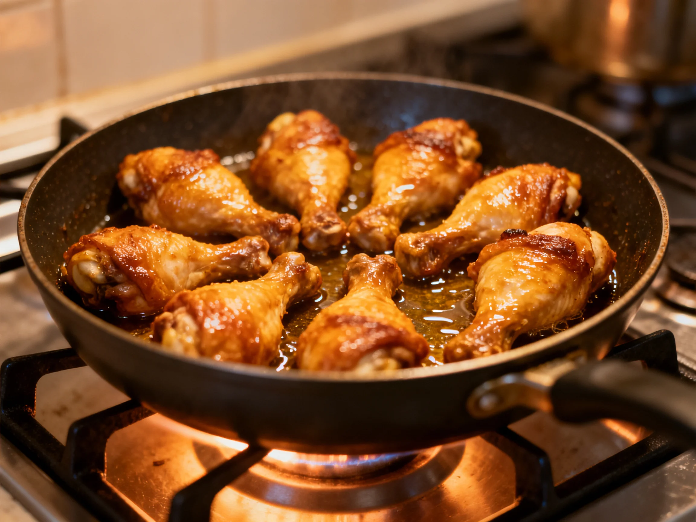 Golden-brown chicken drumsticks sizzling in a black frying pan