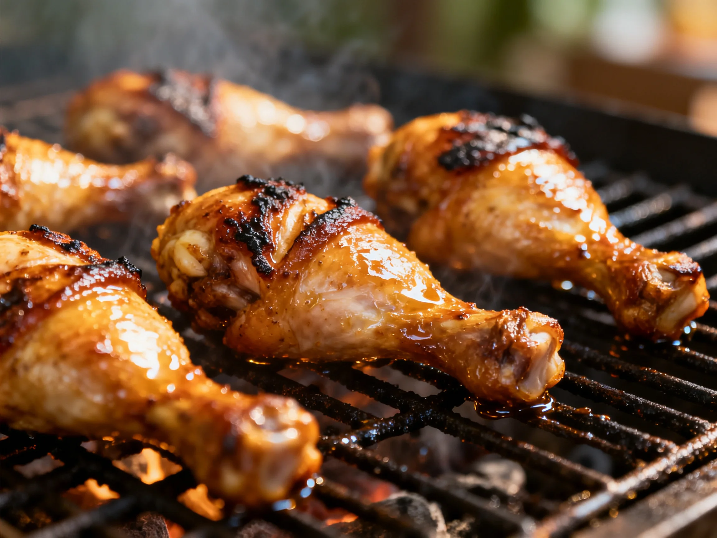 Golden-brown chicken drumsticks sizzling on a black barbecue grill