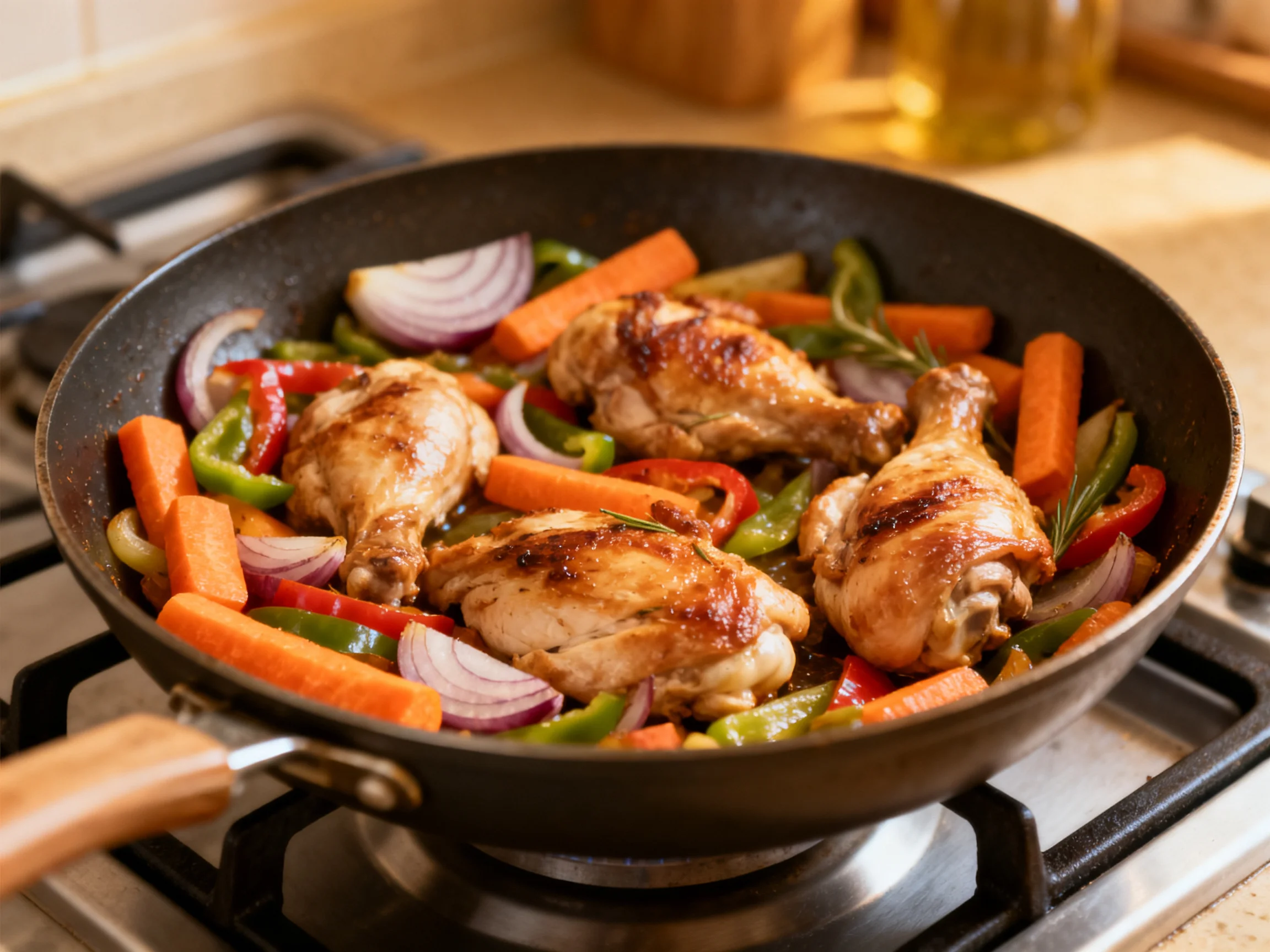 Golden-brown chicken drumsticks with colorful vegetables in a skillet
