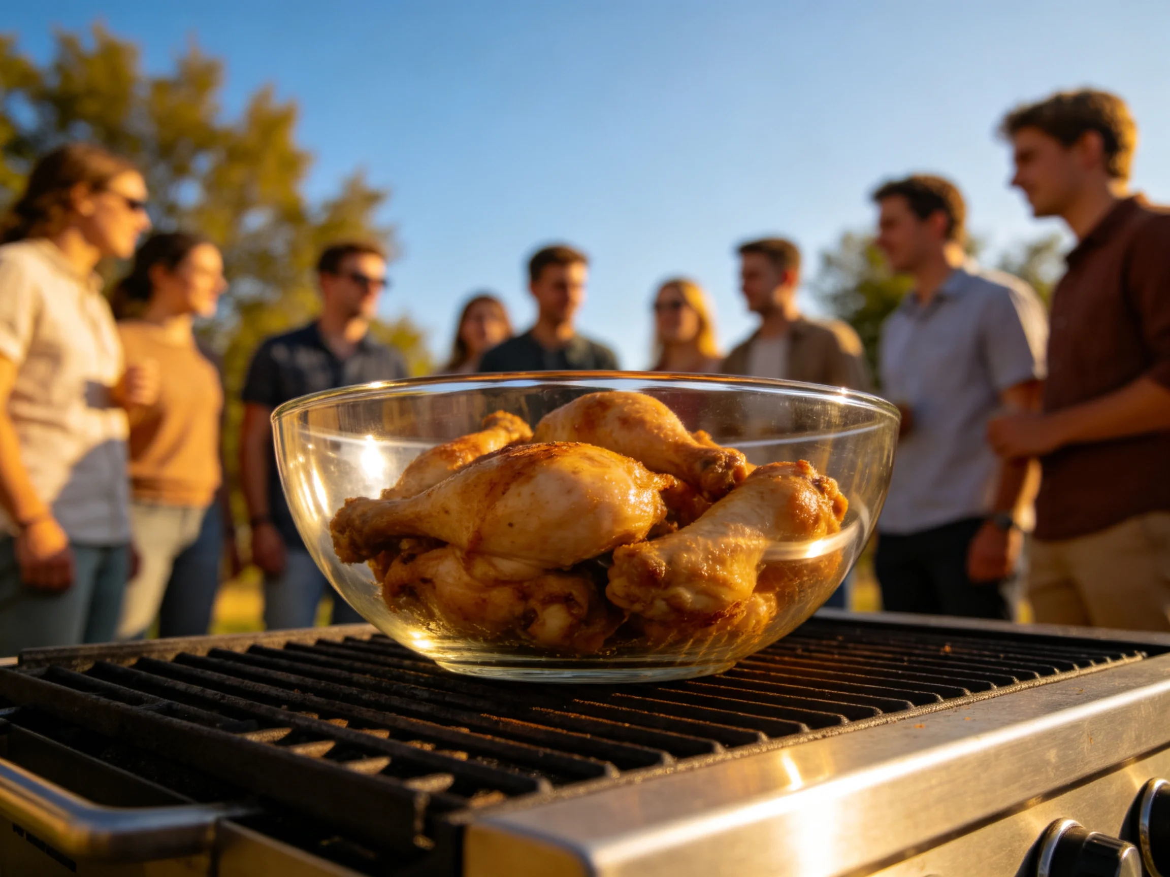 Golden-brown chicken in a clear glass bowl on an outdoor grill with a group of people