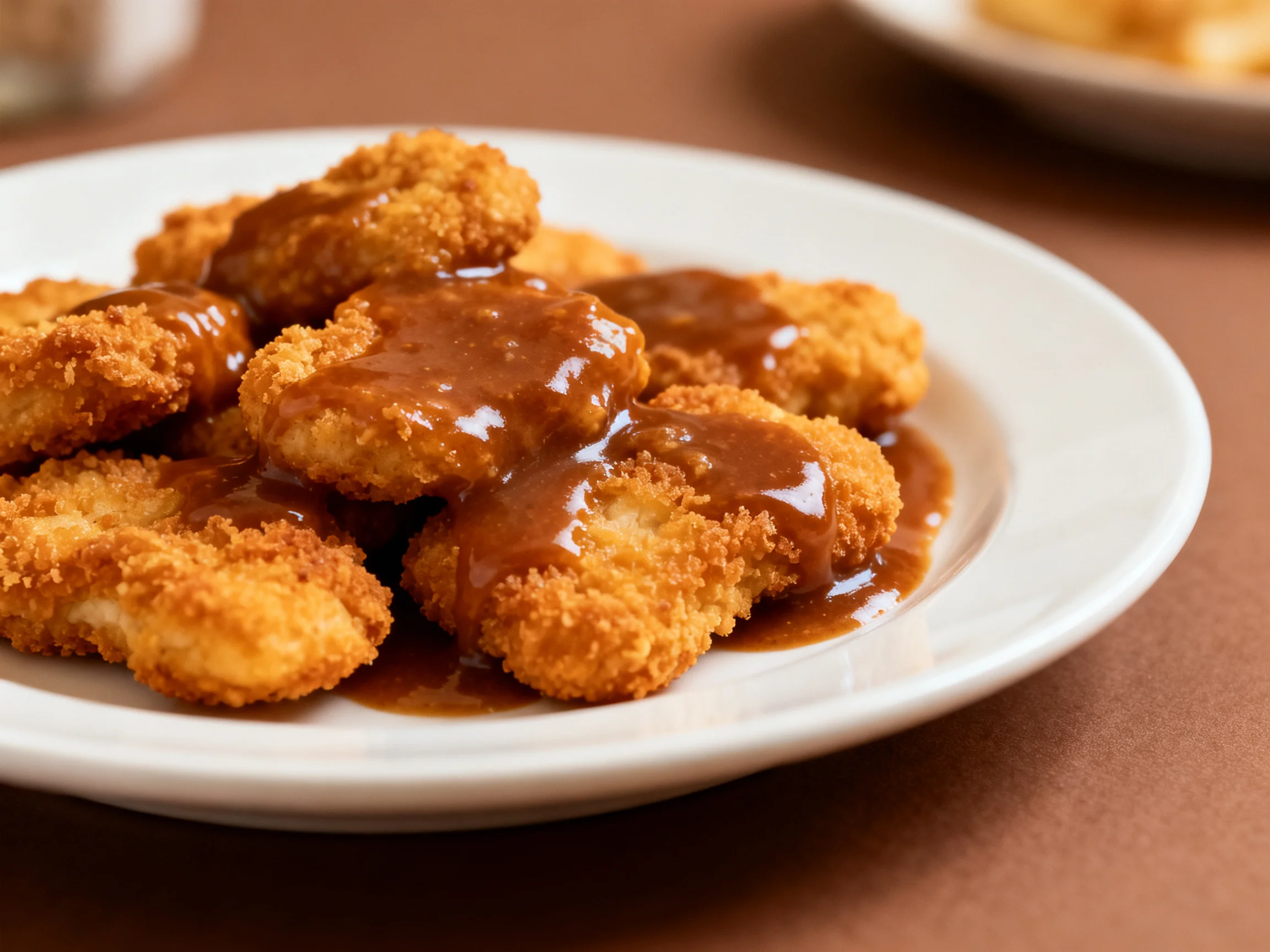 Golden-brown chicken nuggets drizzled with rich brown gravy