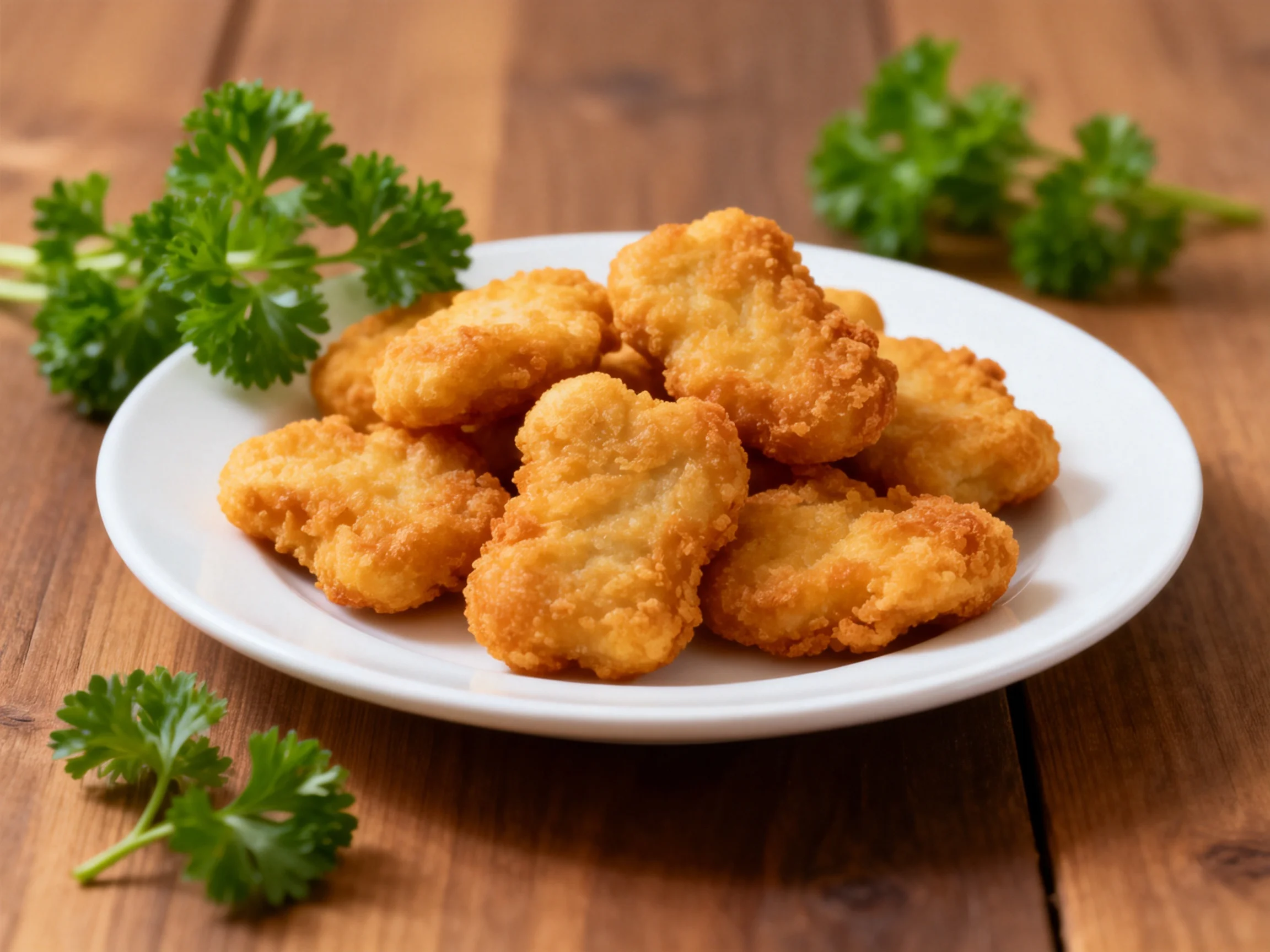 Golden-brown chicken nuggets on a white plate with green parsley