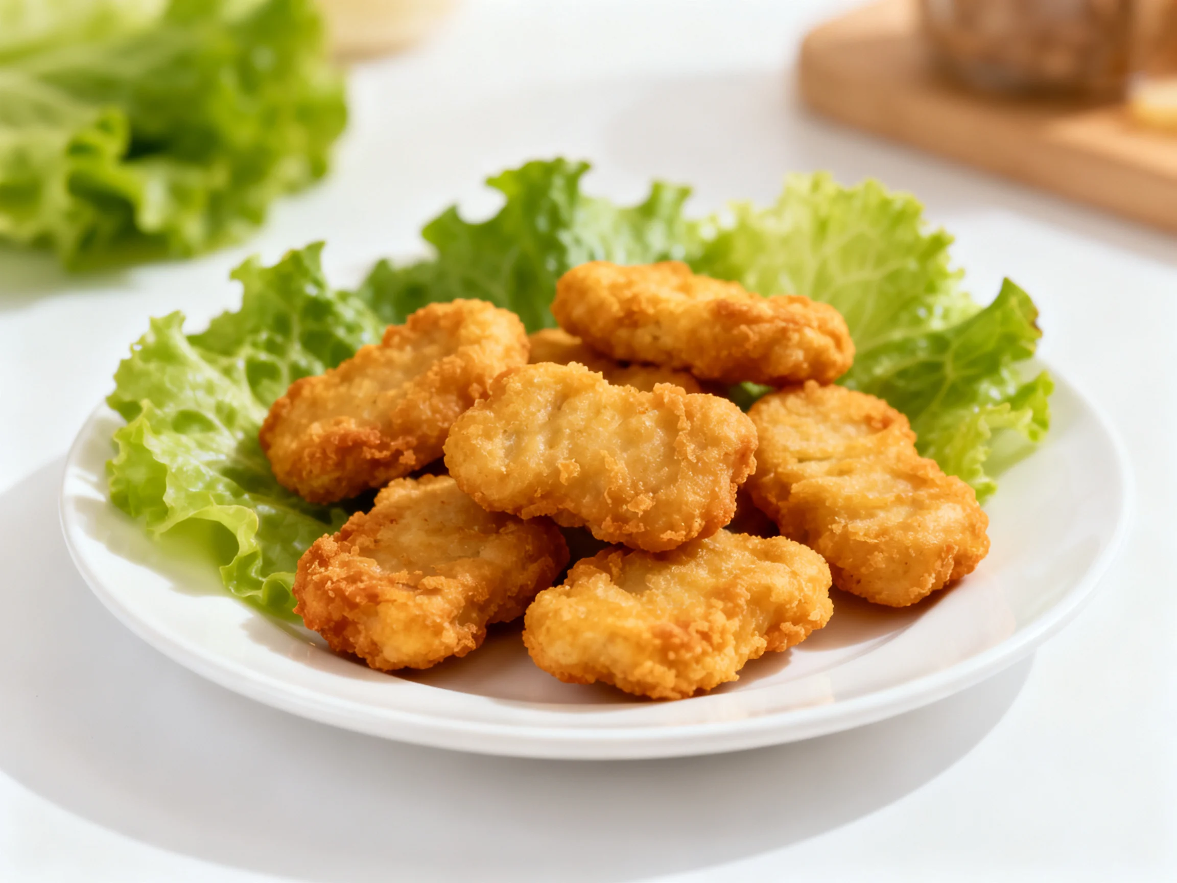 Golden-brown chicken nuggets served on crisp green lettuce