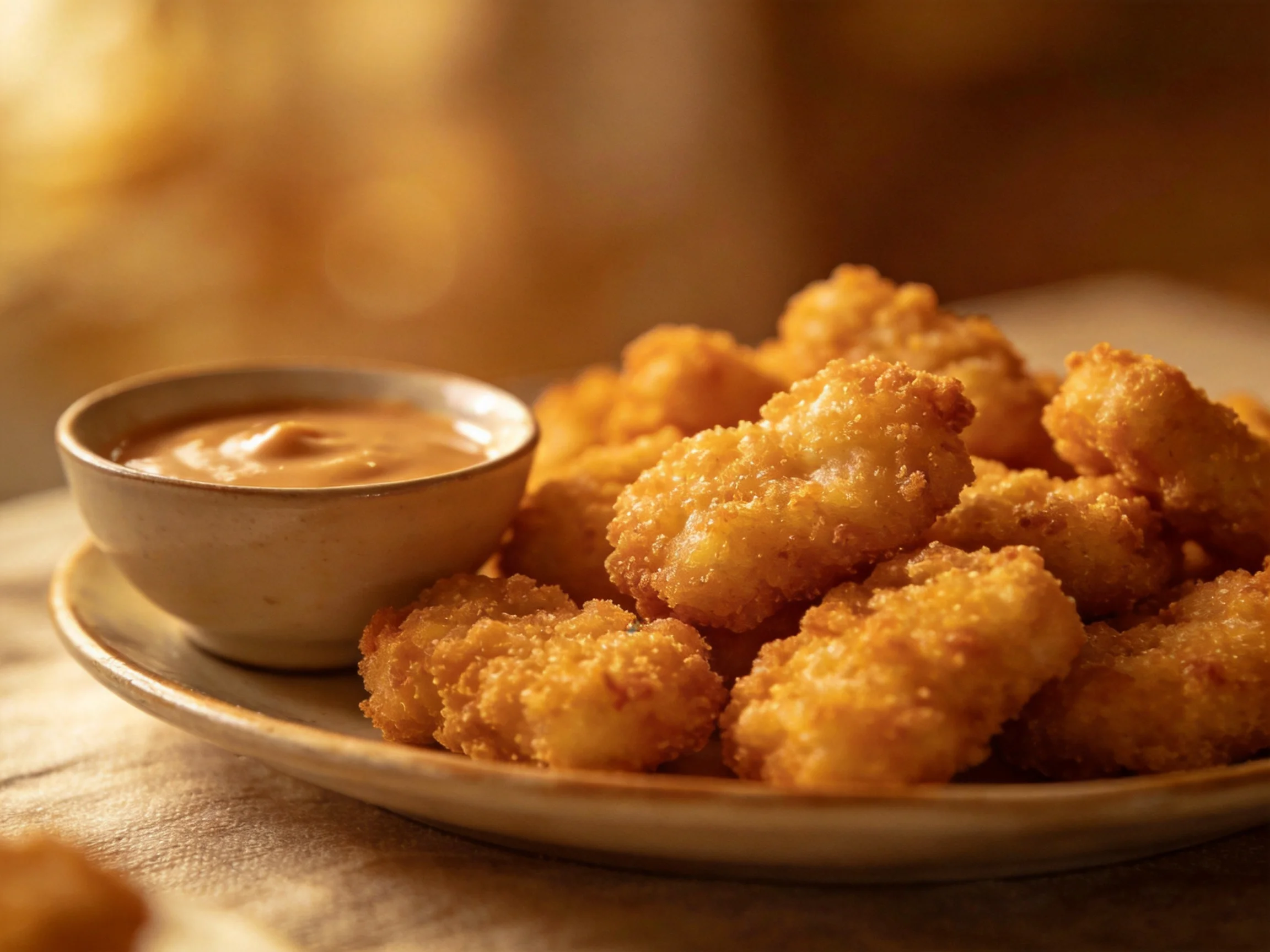 Golden-brown chicken nuggets with creamy dipping sauce