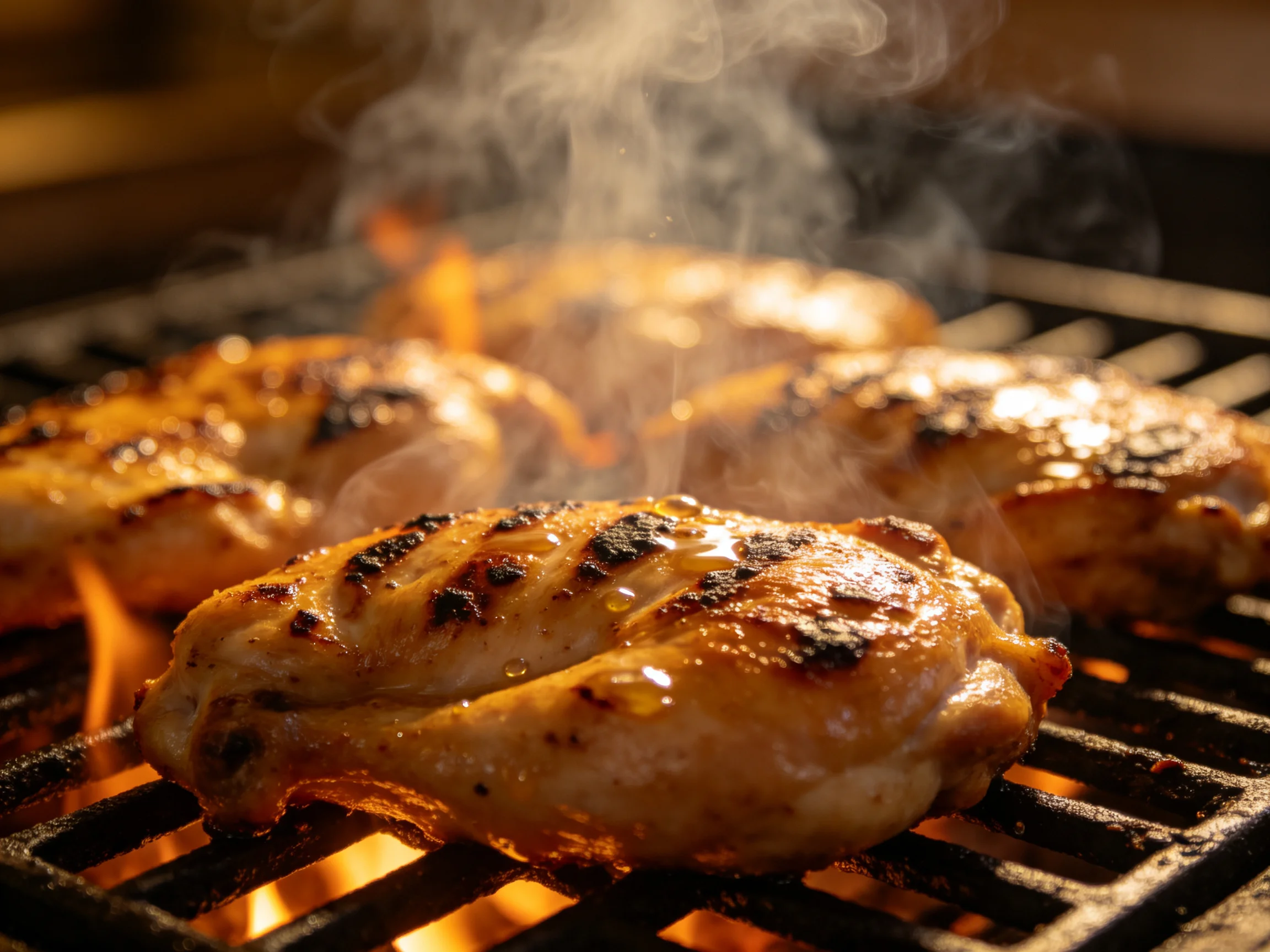Golden-brown chicken pieces sizzling over bright flames on a barbecue grill