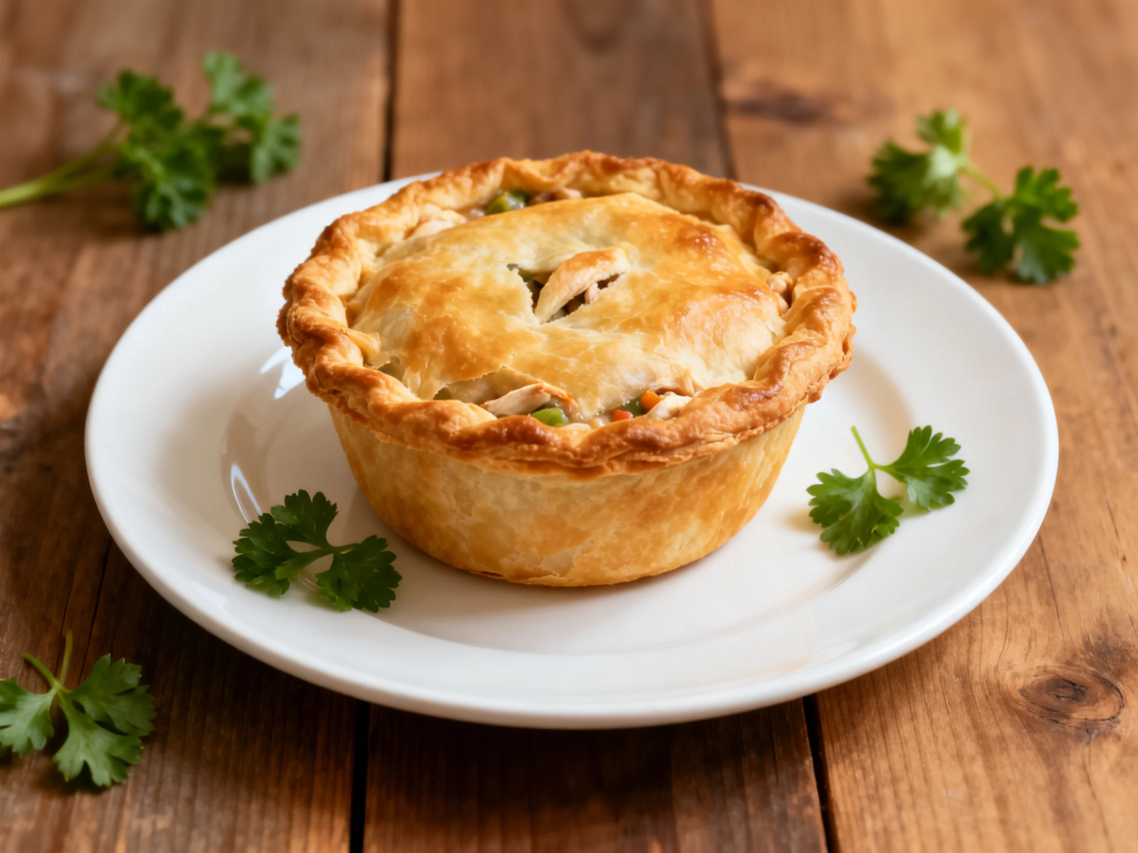 Golden-brown chicken pot pie on white plate with parsley
