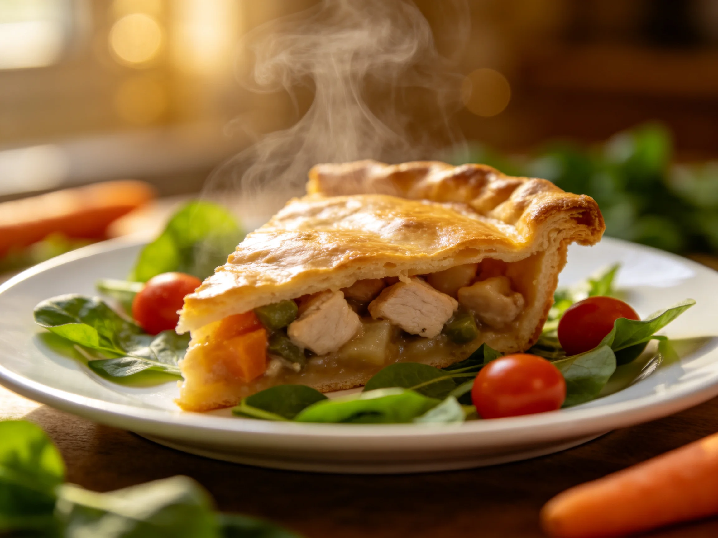 Golden-brown chicken pot pie slice with greens and cherry tomatoes
