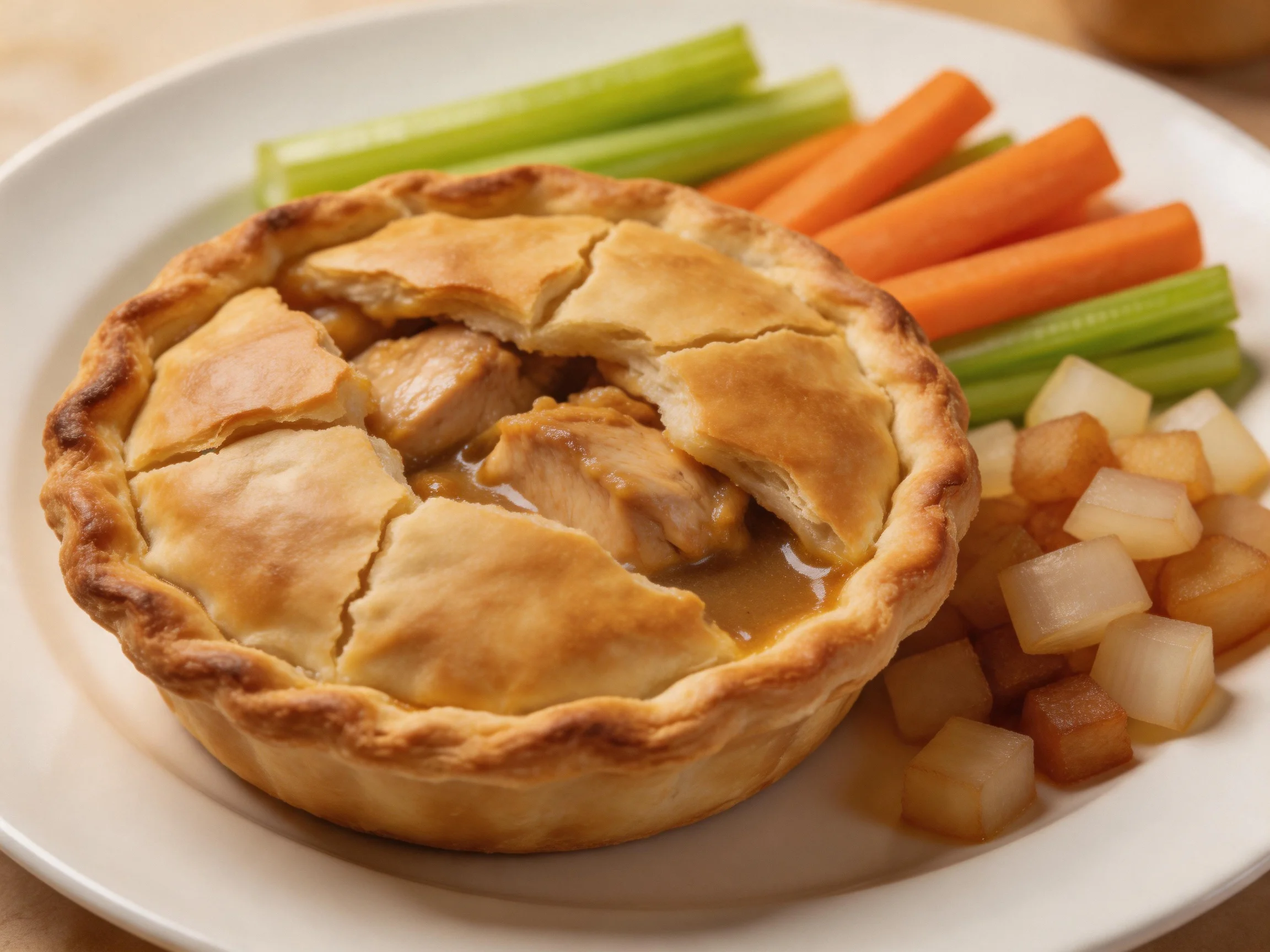 Golden-brown chicken pot pie with celery, carrot sticks, and diced onions