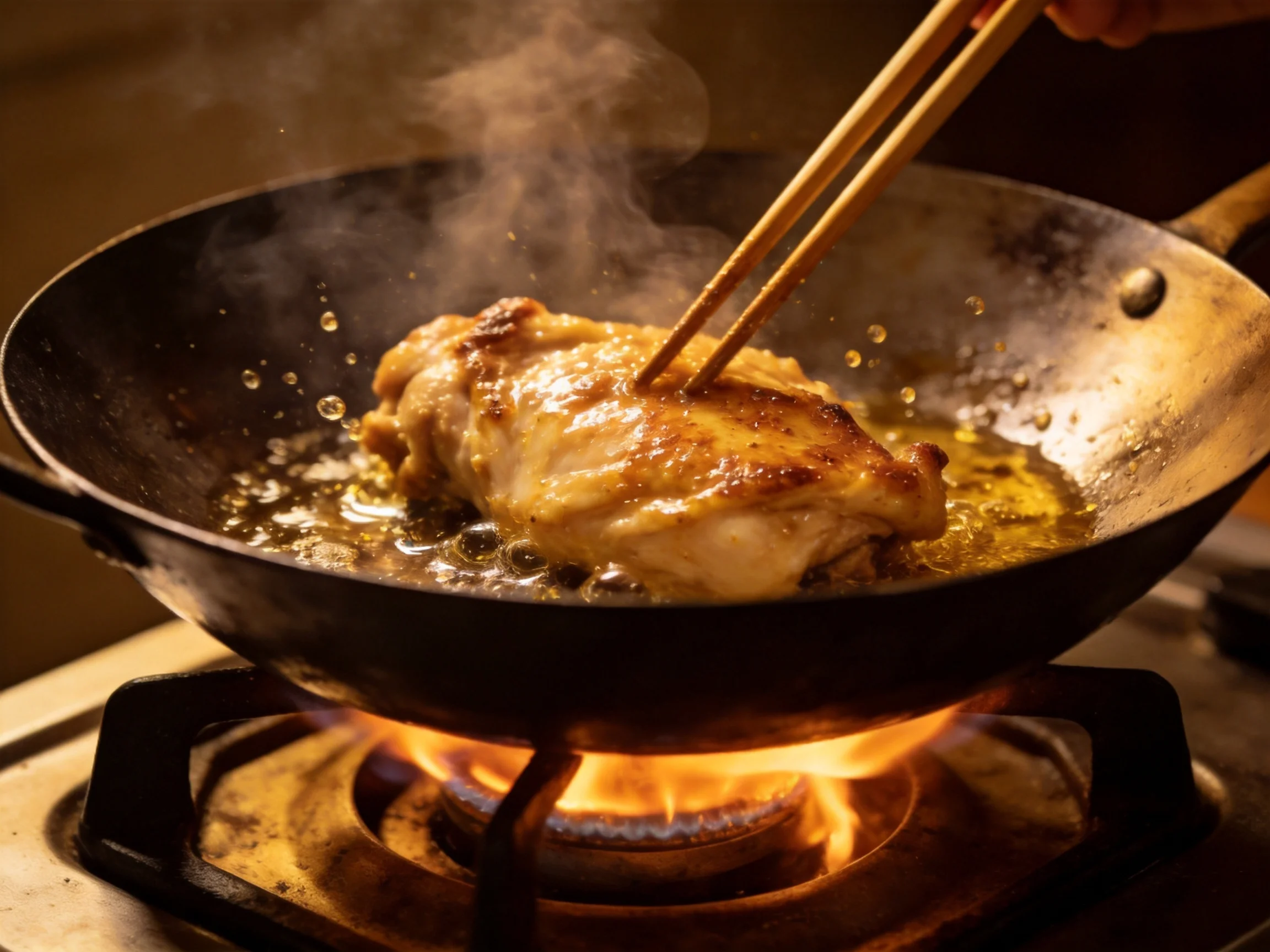 Golden-brown chicken sizzling in a black wok over bright flames