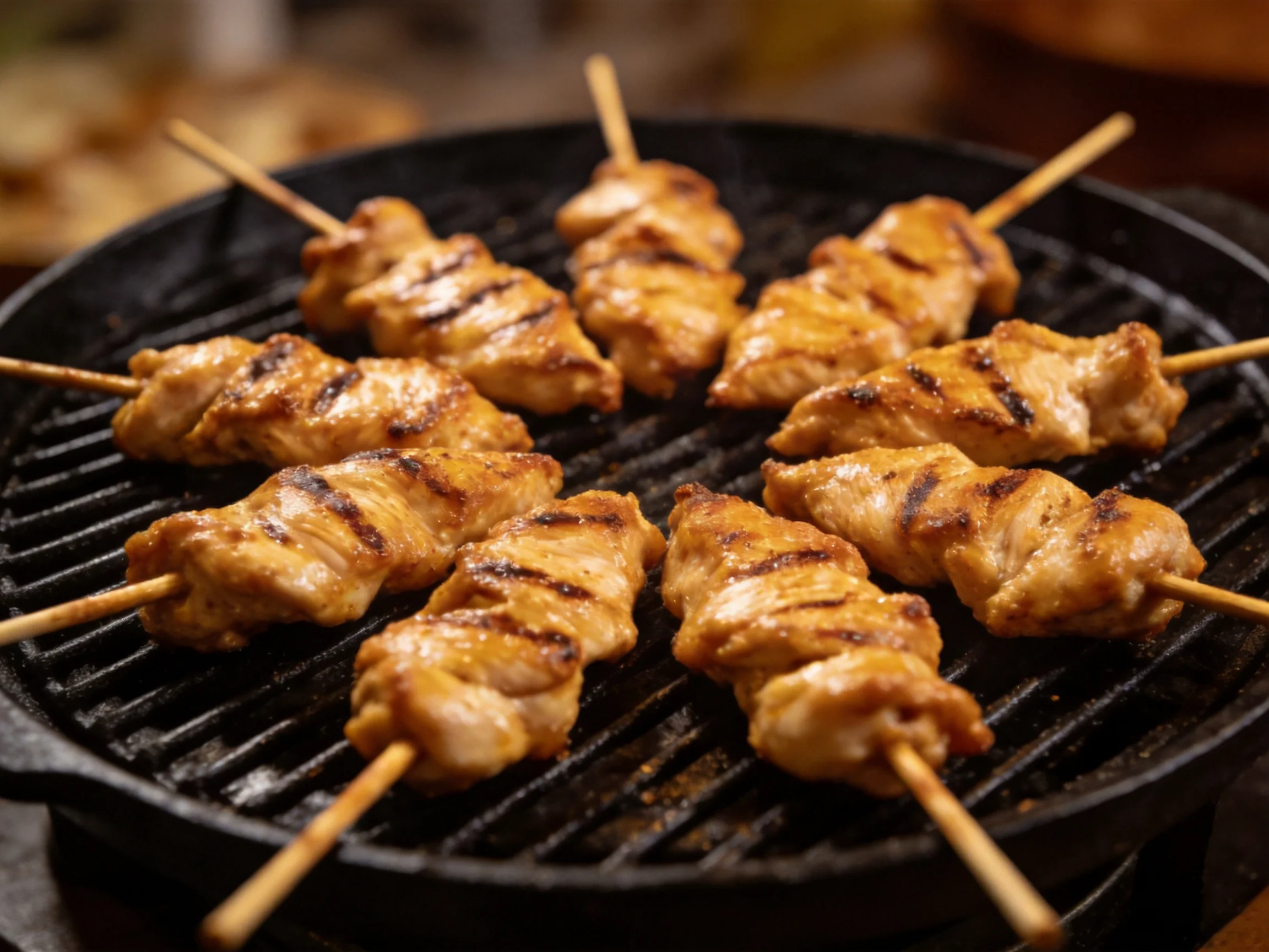 Golden-brown chicken skewers grilled on a black cast-iron barbecue
