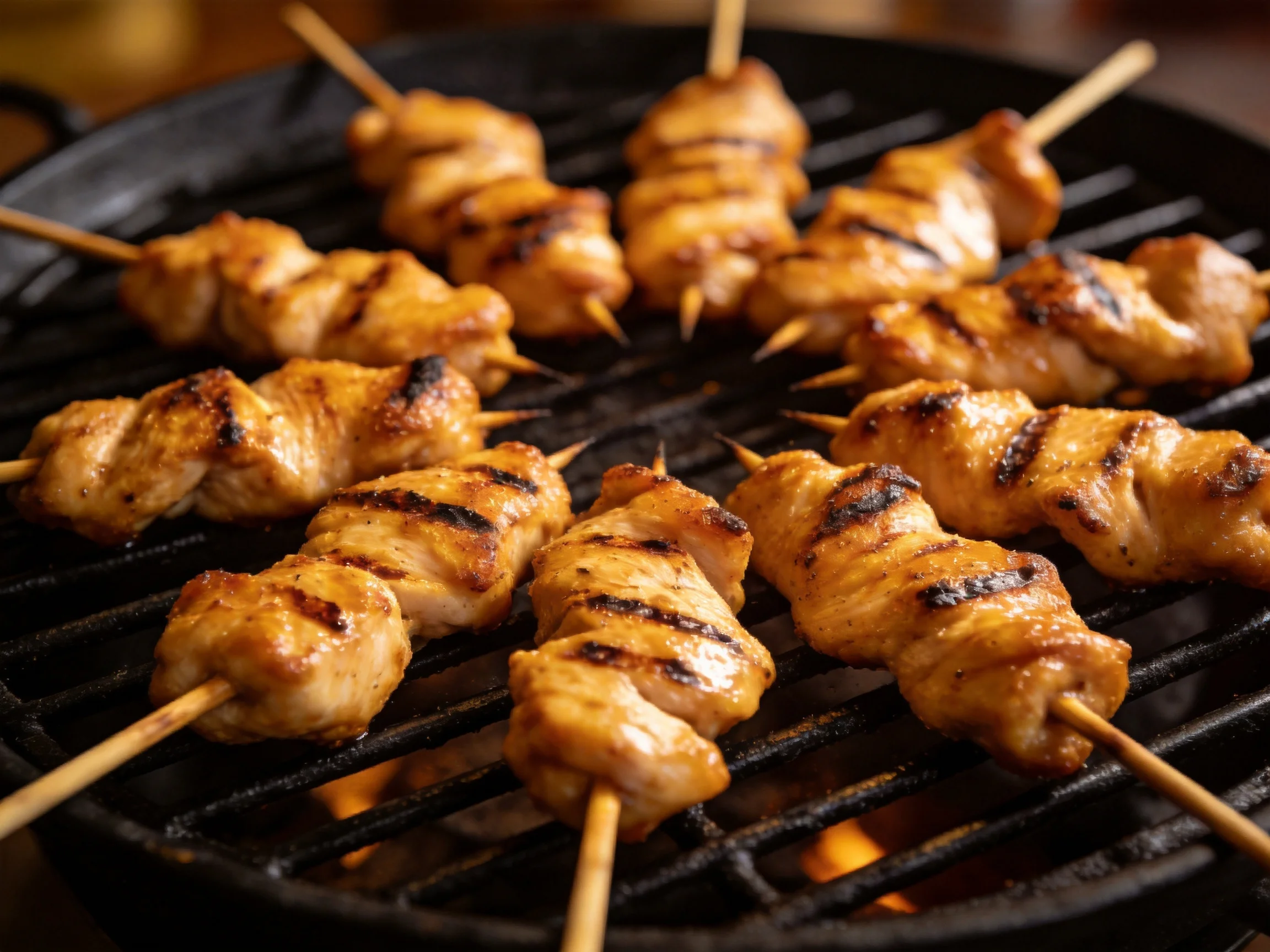 Golden-brown chicken skewers grilled on a black charcoal grill