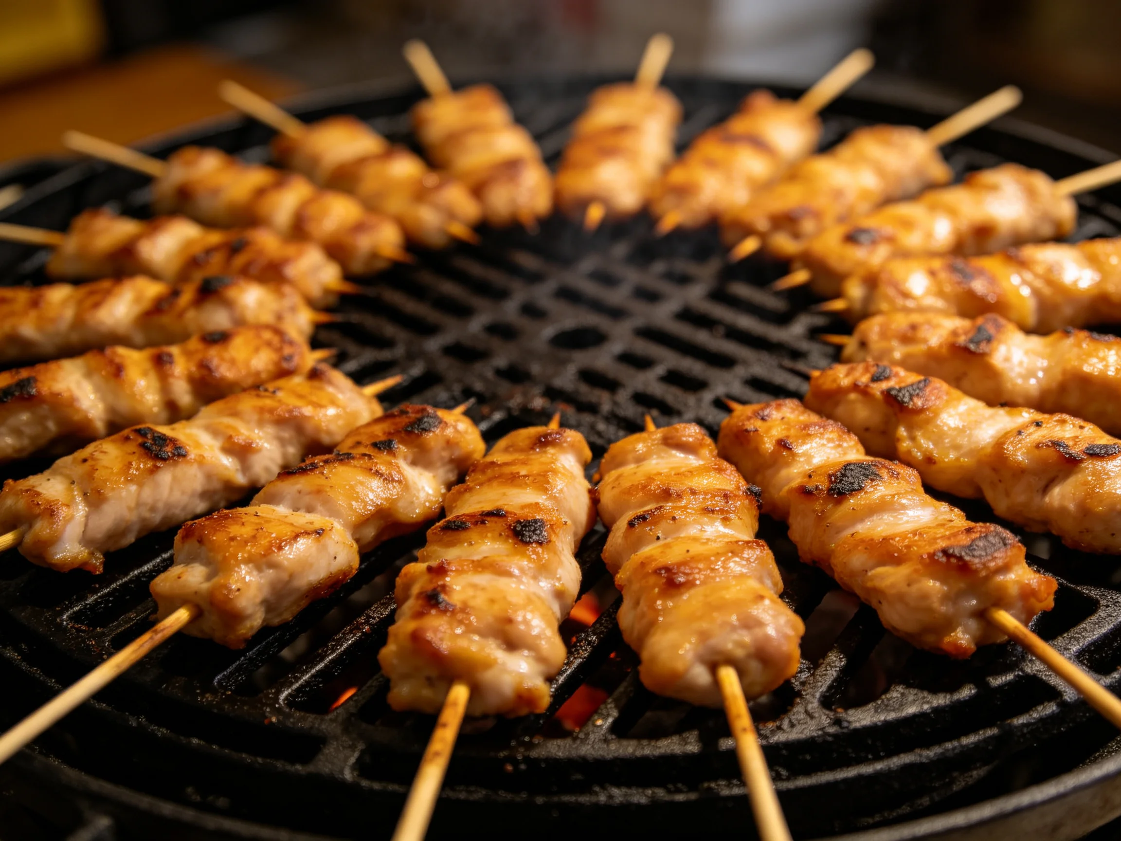 Golden-brown chicken skewers grilling on a round black charcoal grill
