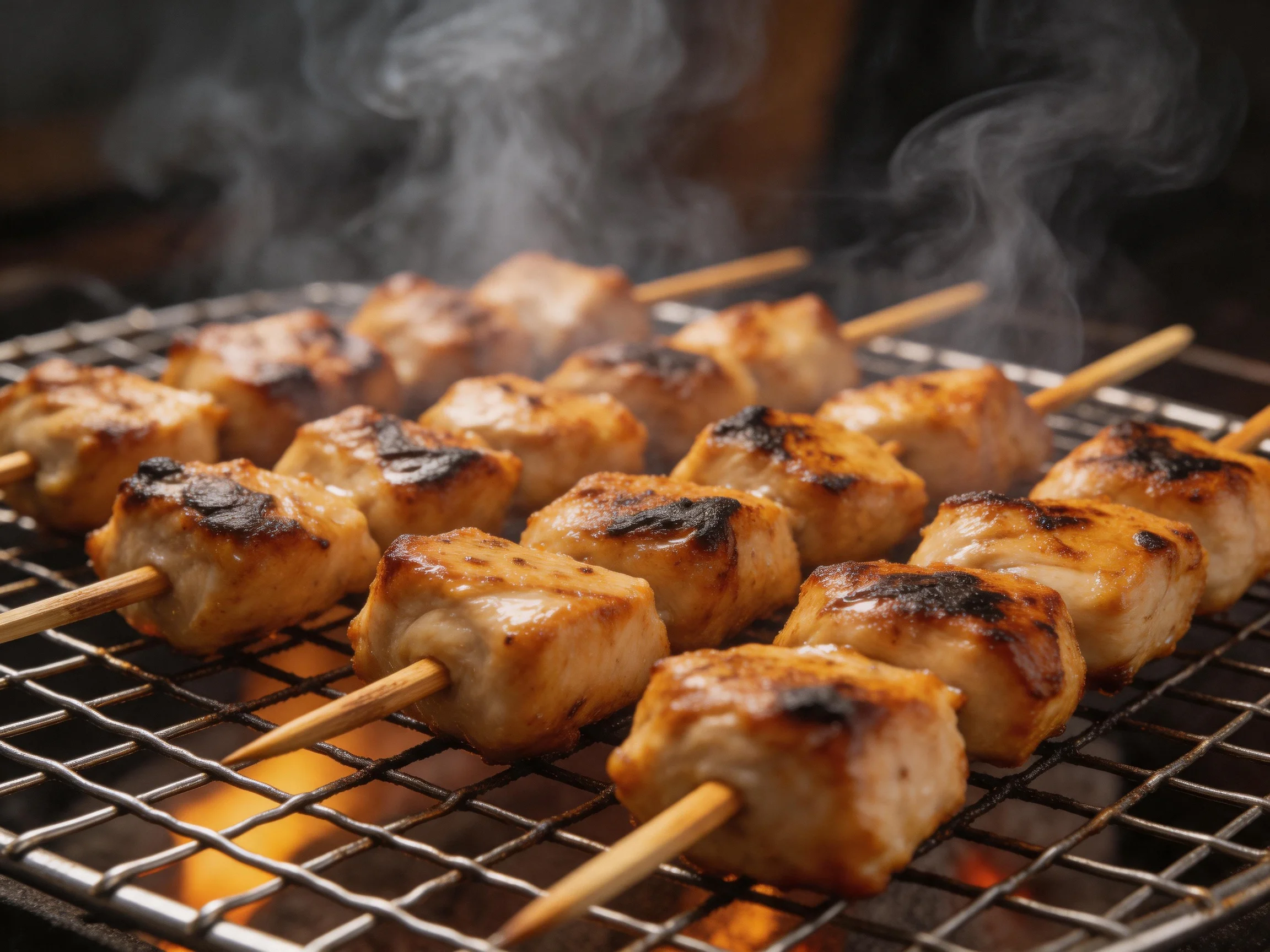 Golden-brown chicken skewers grilling over hot embers