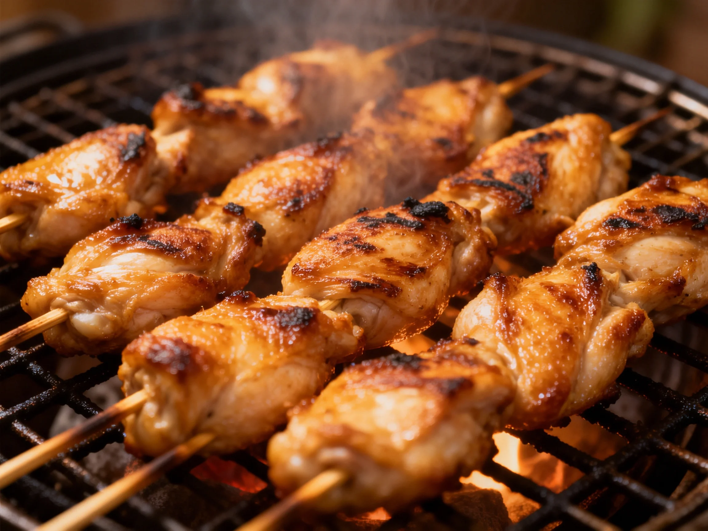 Golden-brown chicken skewers sizzling over a flamingcharcoal grill