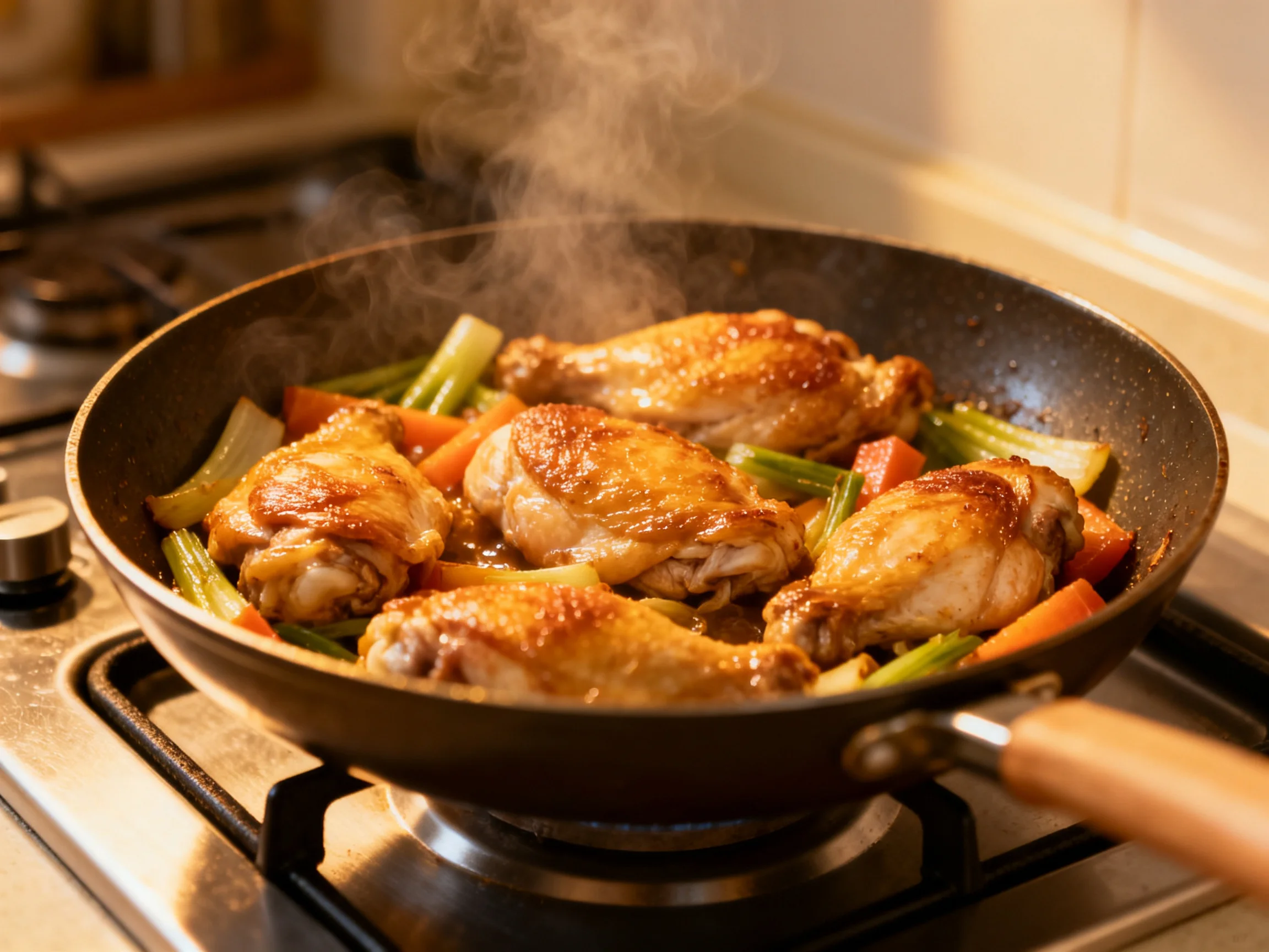 Golden-brown chicken thighs cook with celery and carrots in a sizzling skillet