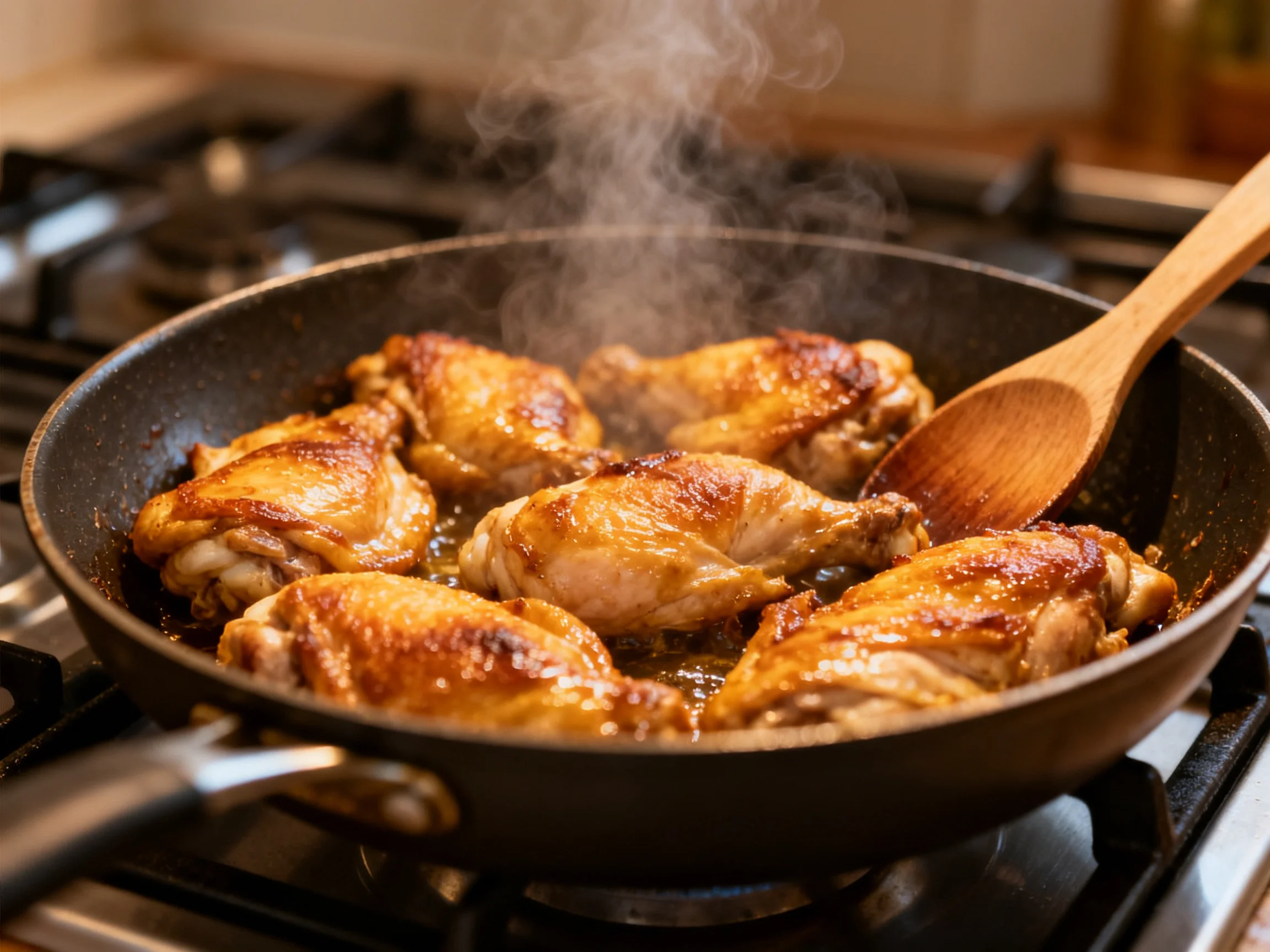 Golden-brown chicken thighs sizzling in a black skillet on a gas stove