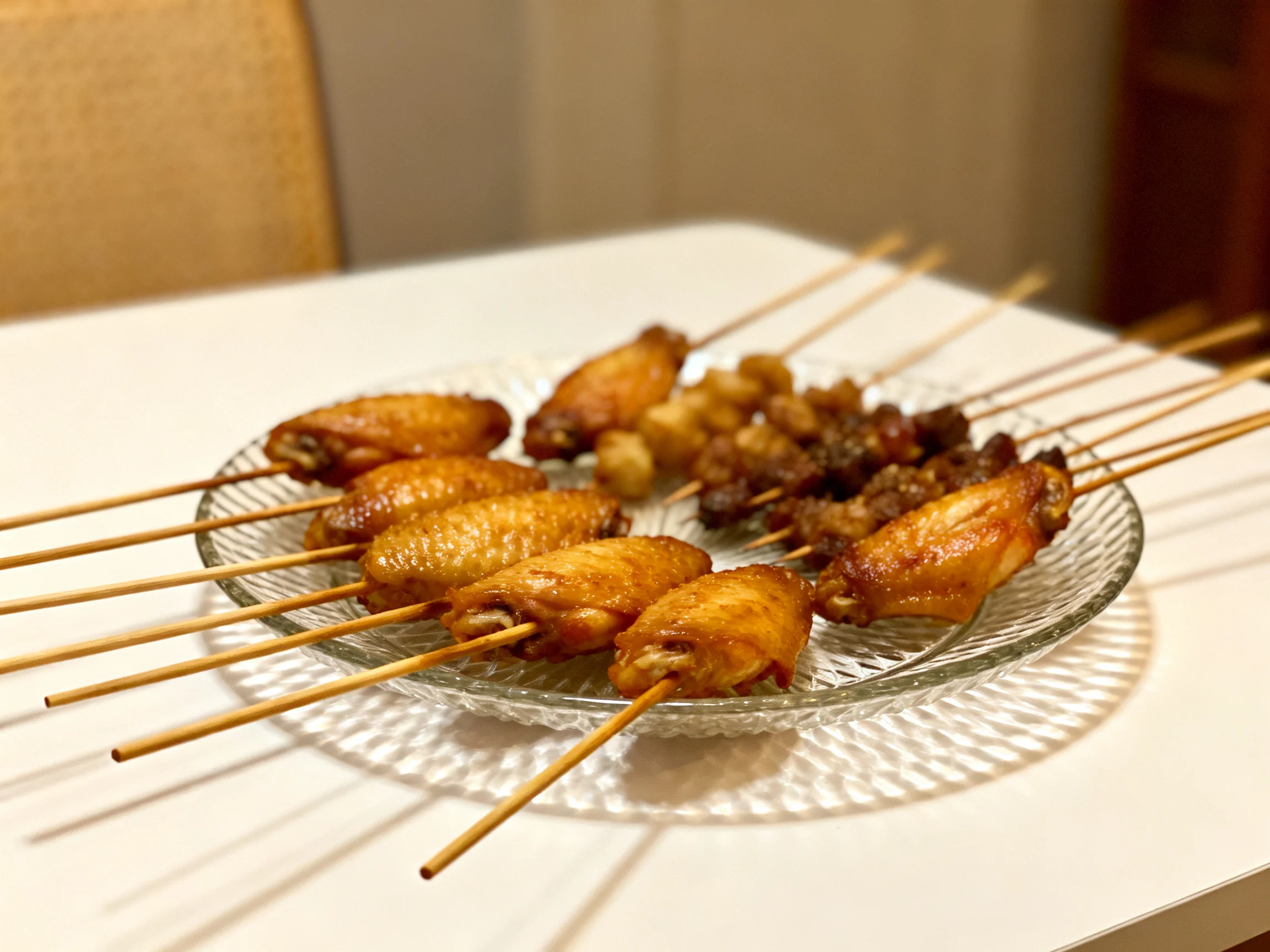 Golden-brown chicken wing skewers and assorted grilled meats on glass dishes