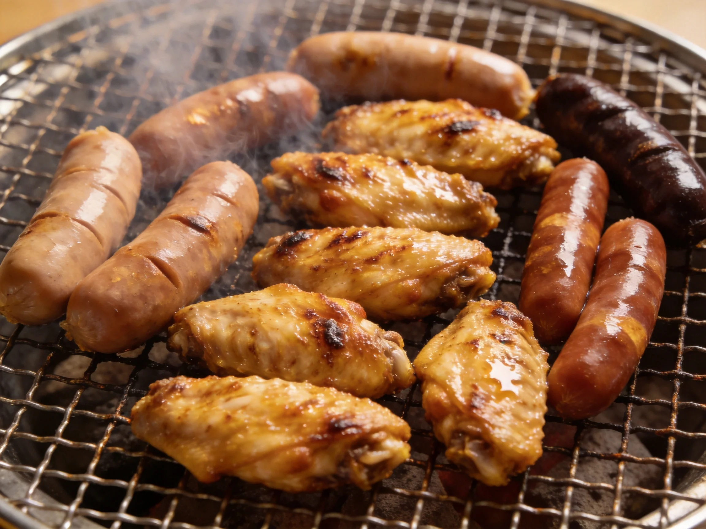 Golden-brown chicken wings and assorted sausages grill on a metal rack