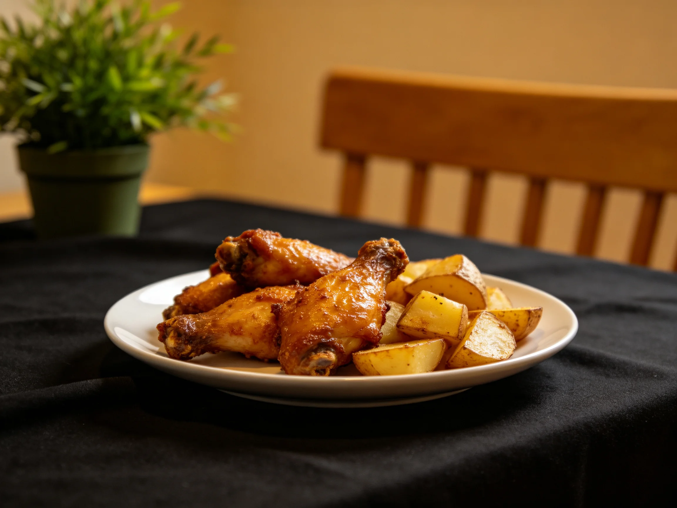 Golden-brown chicken wings and roasted potato wedges served on a black tablecloth