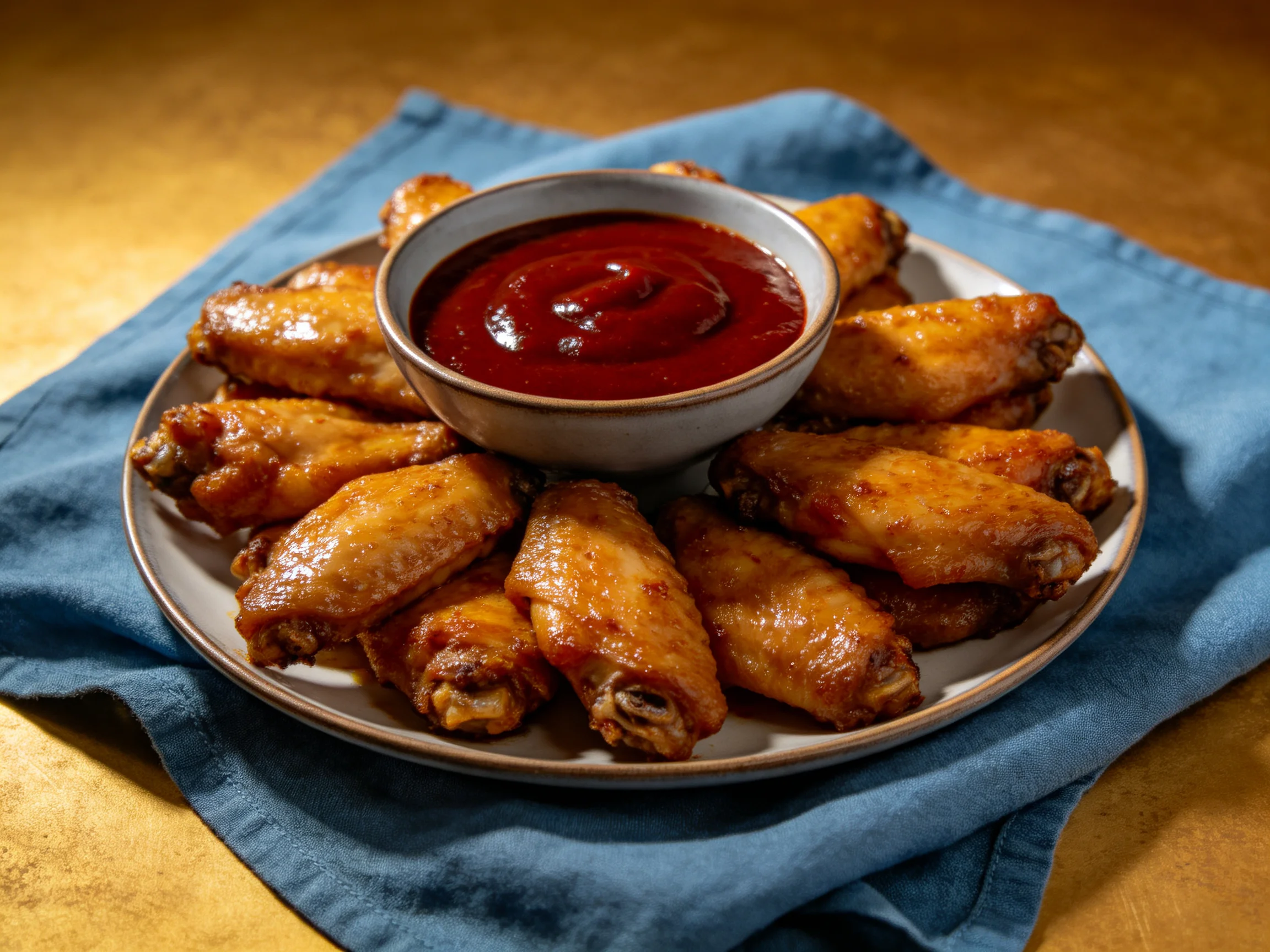 Golden-brown chicken wings arranged around a bowl of dark red sauce