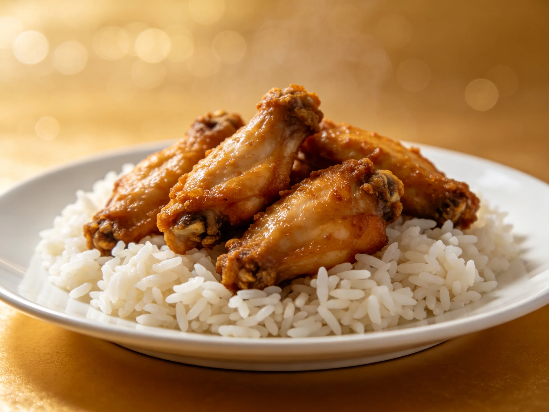Golden-brown chicken wings atop fluffy white rice in a white dish