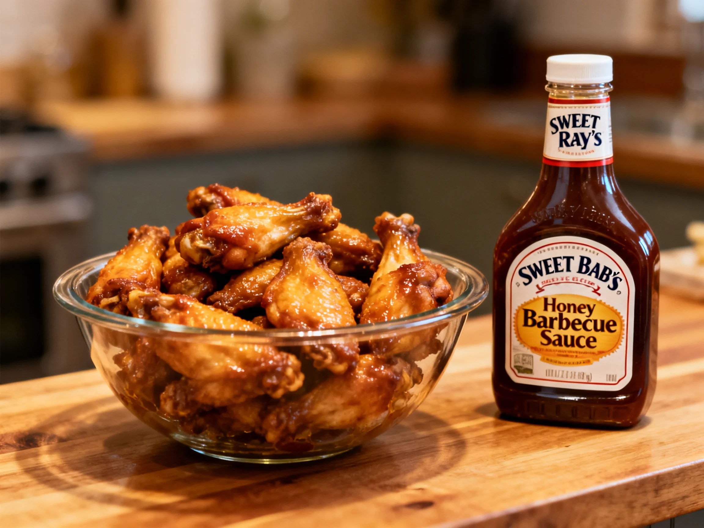 Golden-brown chicken wings beside a honey barbecue sauce bottle