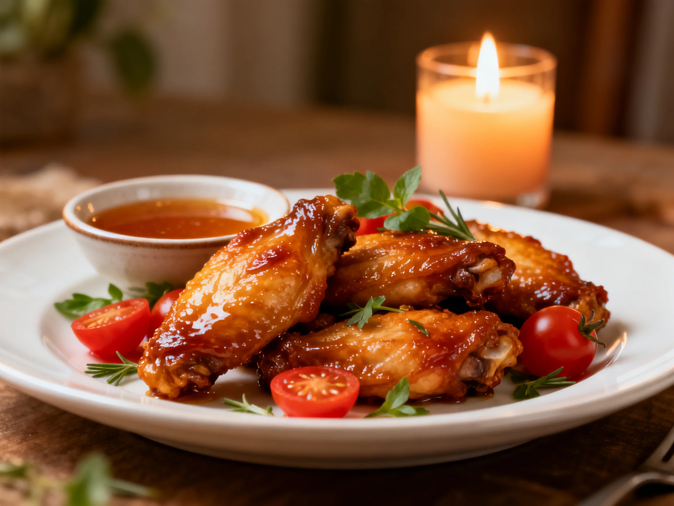 Golden-brown chicken wings, cherry tomatoes, sauce, and candlelight