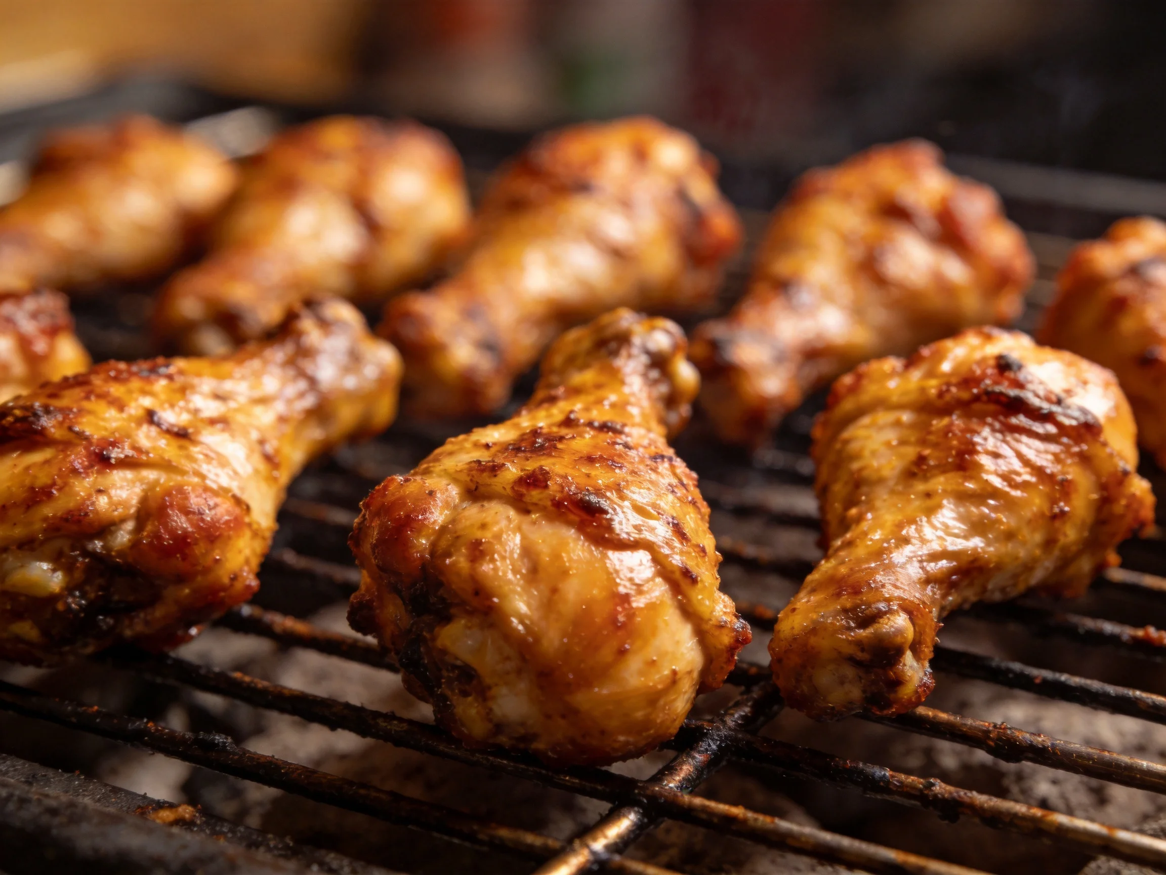 Golden-brown chicken wings grilling on a dark metal rack