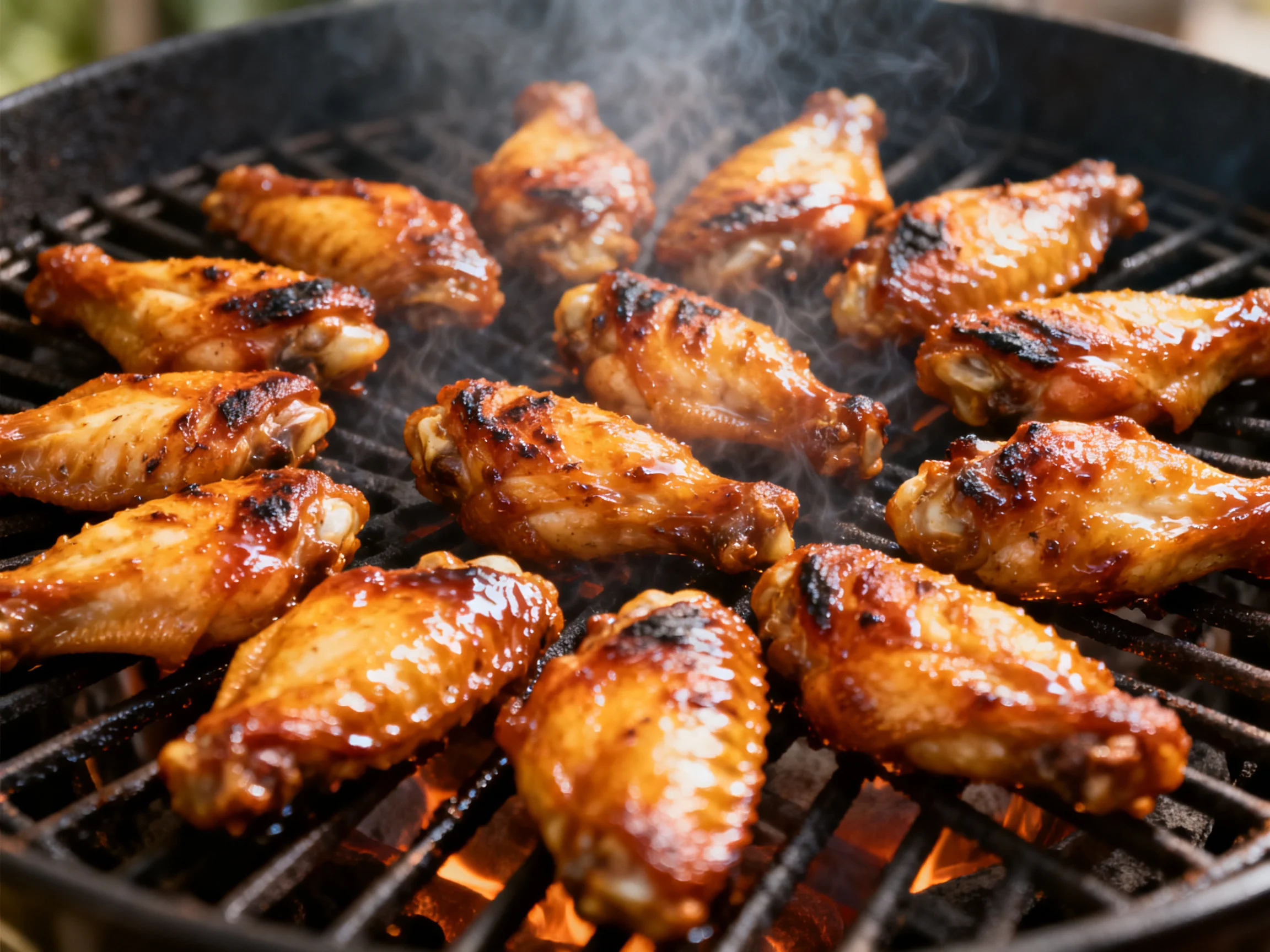 Golden-brown chicken wings grilling over an open flame with charred spots