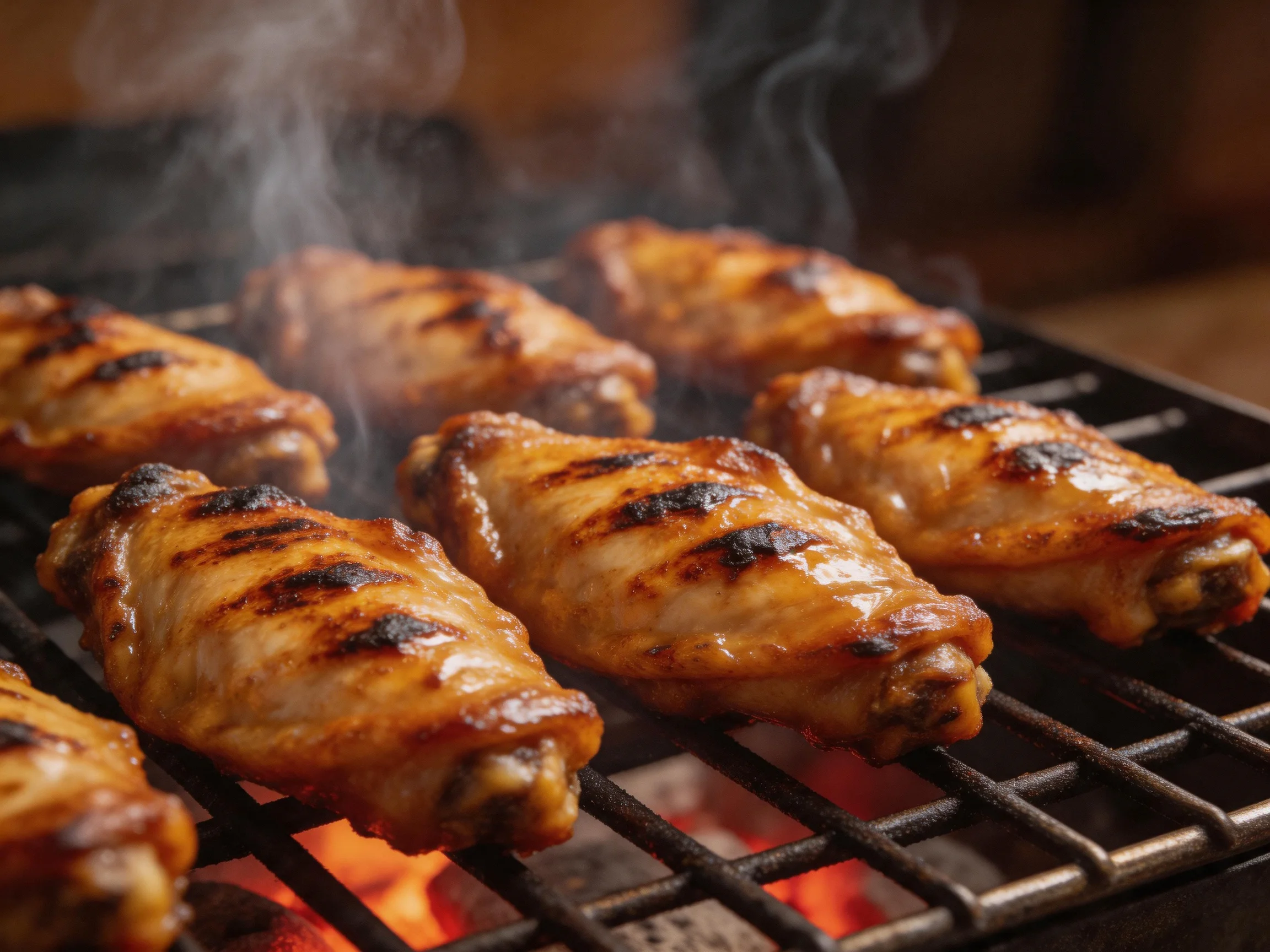Golden-brown chicken wings grilling over glowing embers