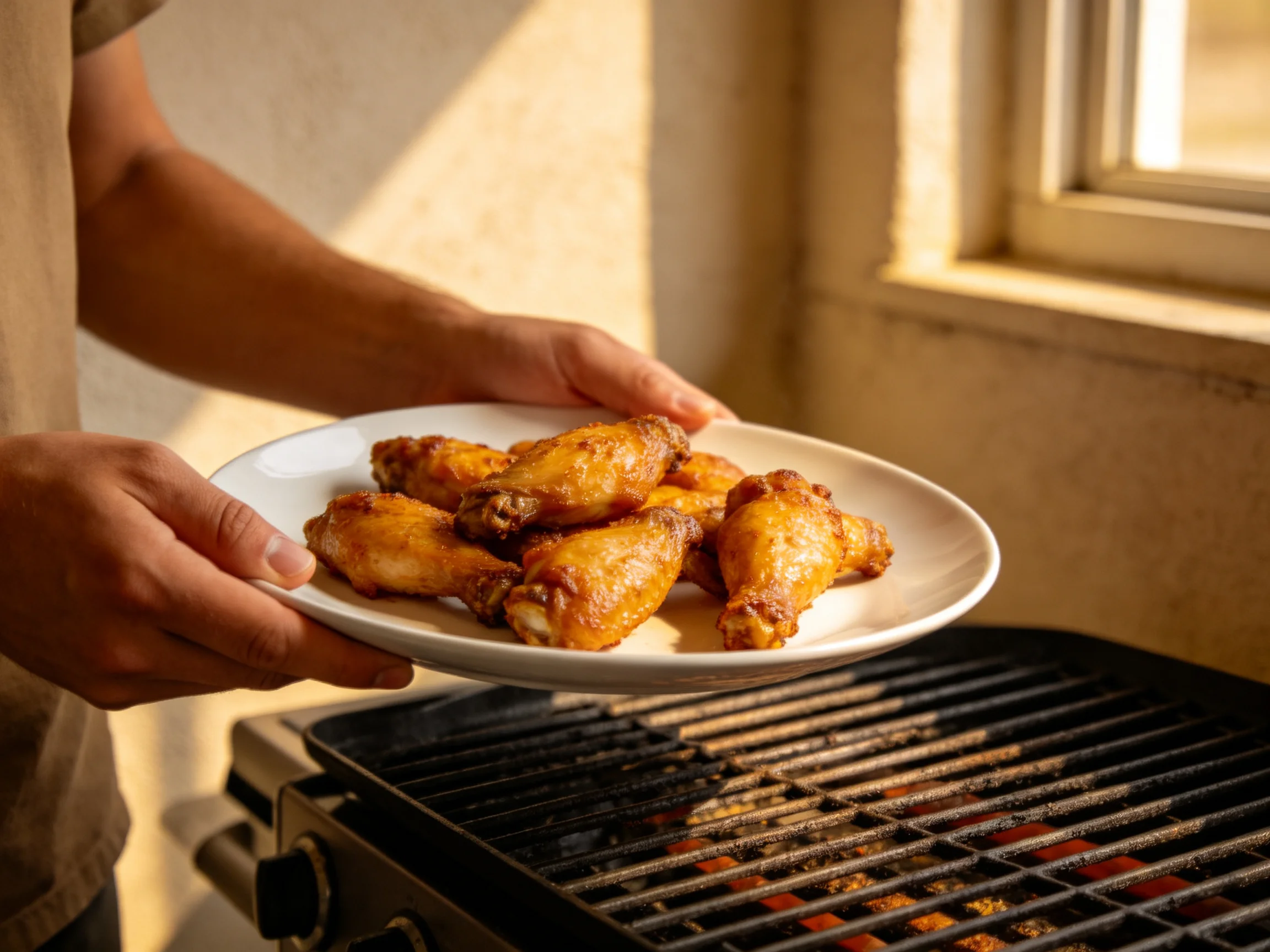Golden-brown chicken wings held on a white plate near a black grill