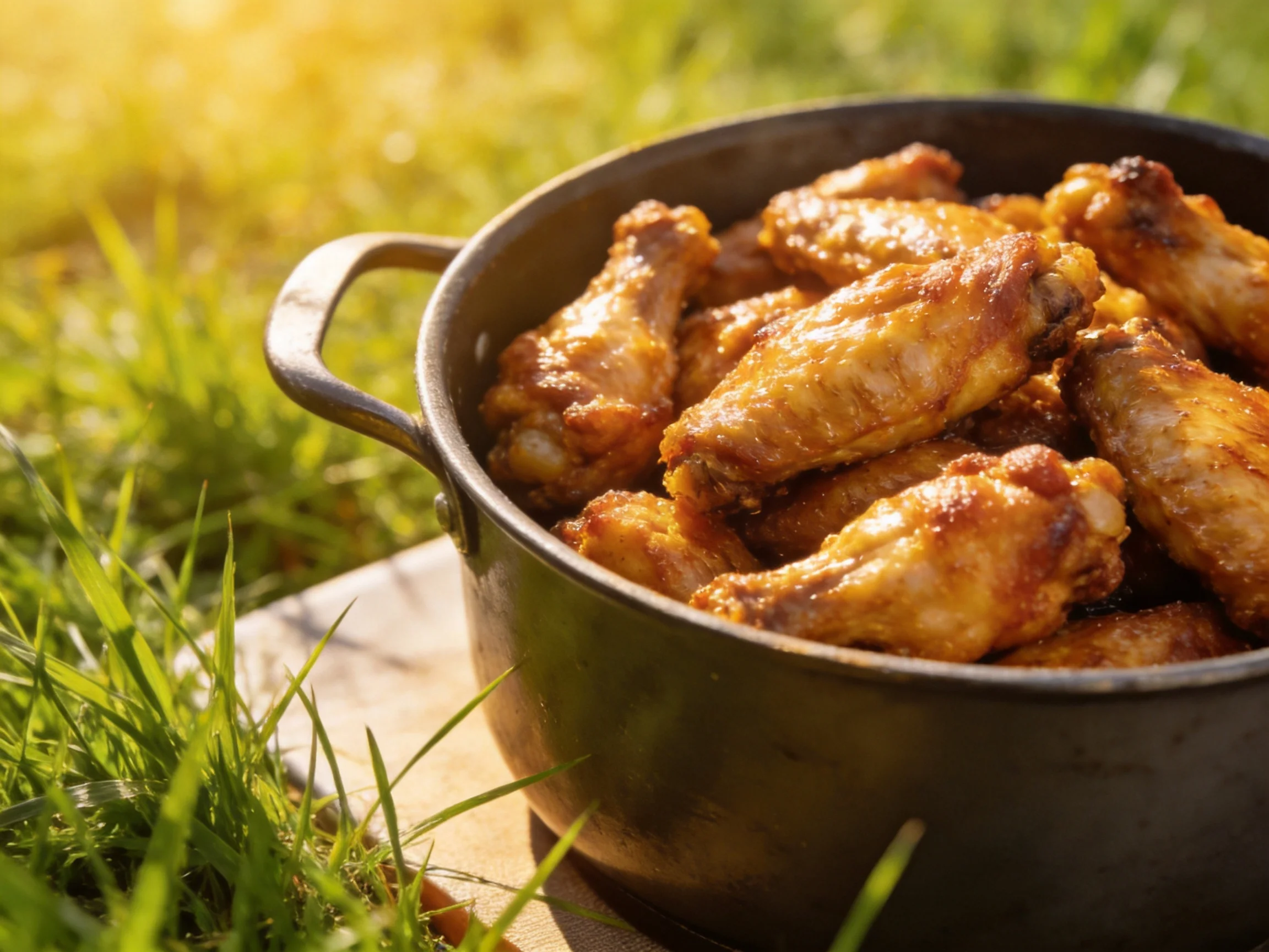 Golden-brown chicken wings in a black cast iron pot on grass