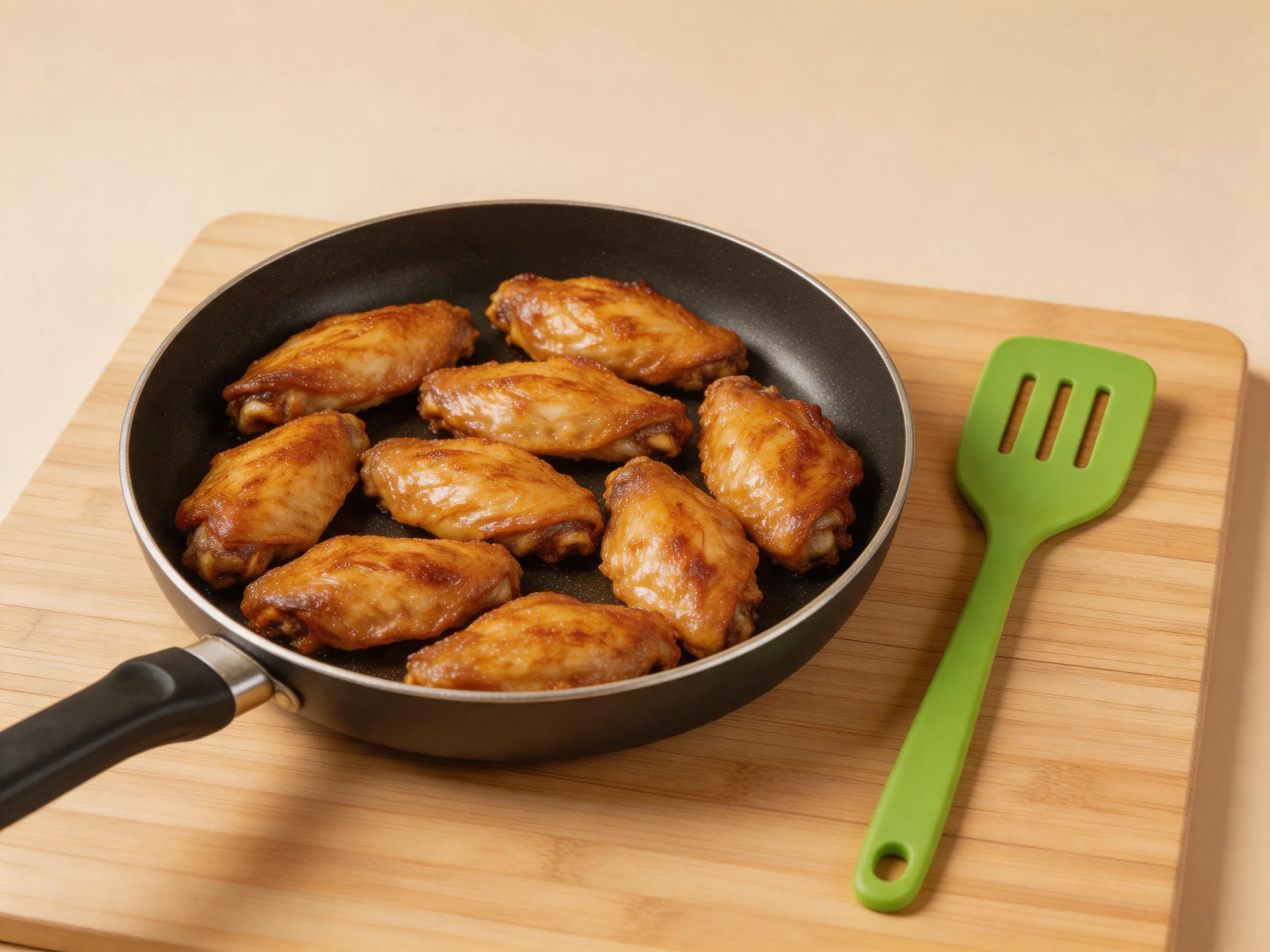 Golden-brown chicken wings in a black frying pan with a green spatula