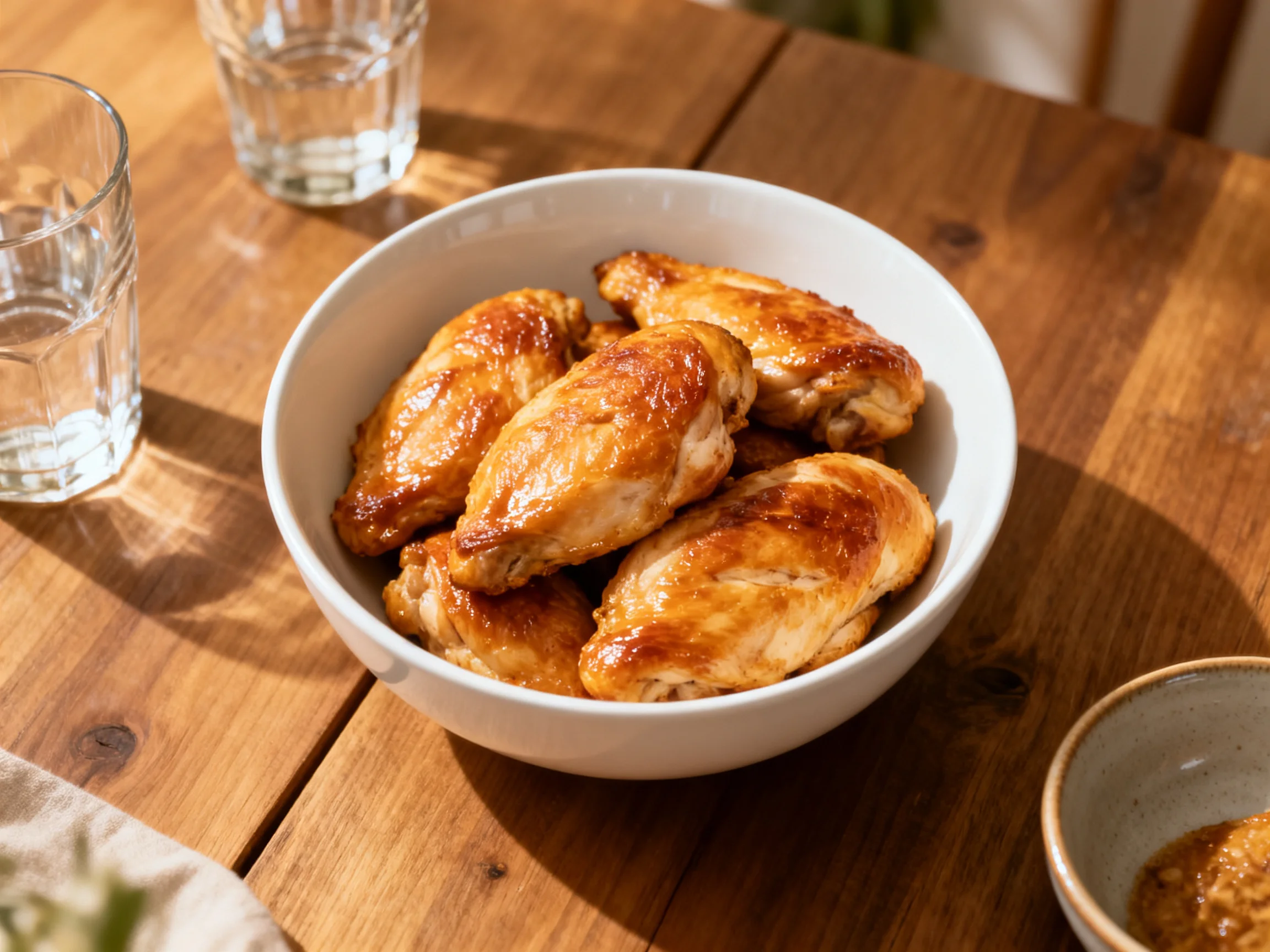 Golden-brown chicken wings in a white bowl on a rustic wooden table