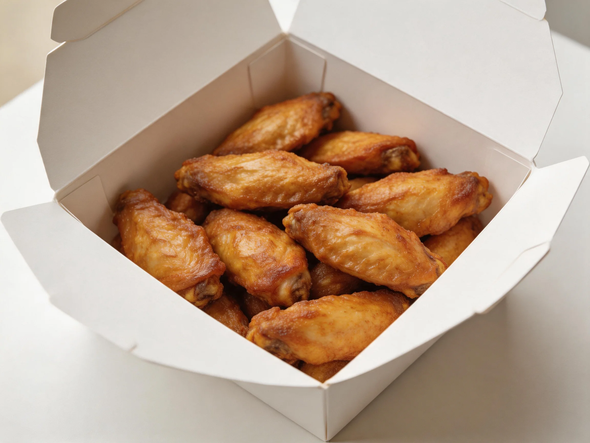 Golden-brown chicken wings in an open white takeout container
