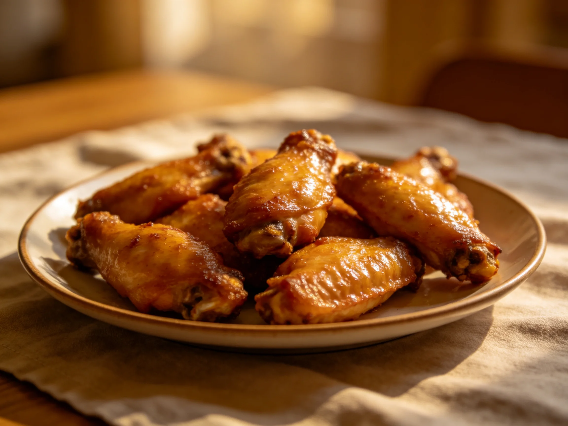 Golden-brown chicken wings on a ceramic plate over a beige cloth