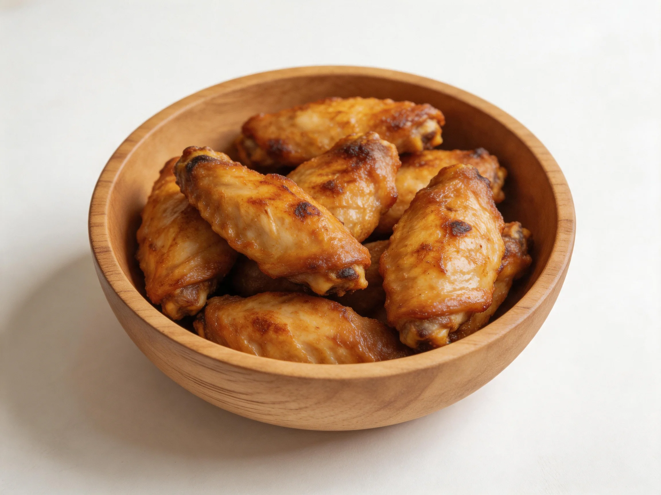 Golden-brown chicken wings served in a polished wooden bowl