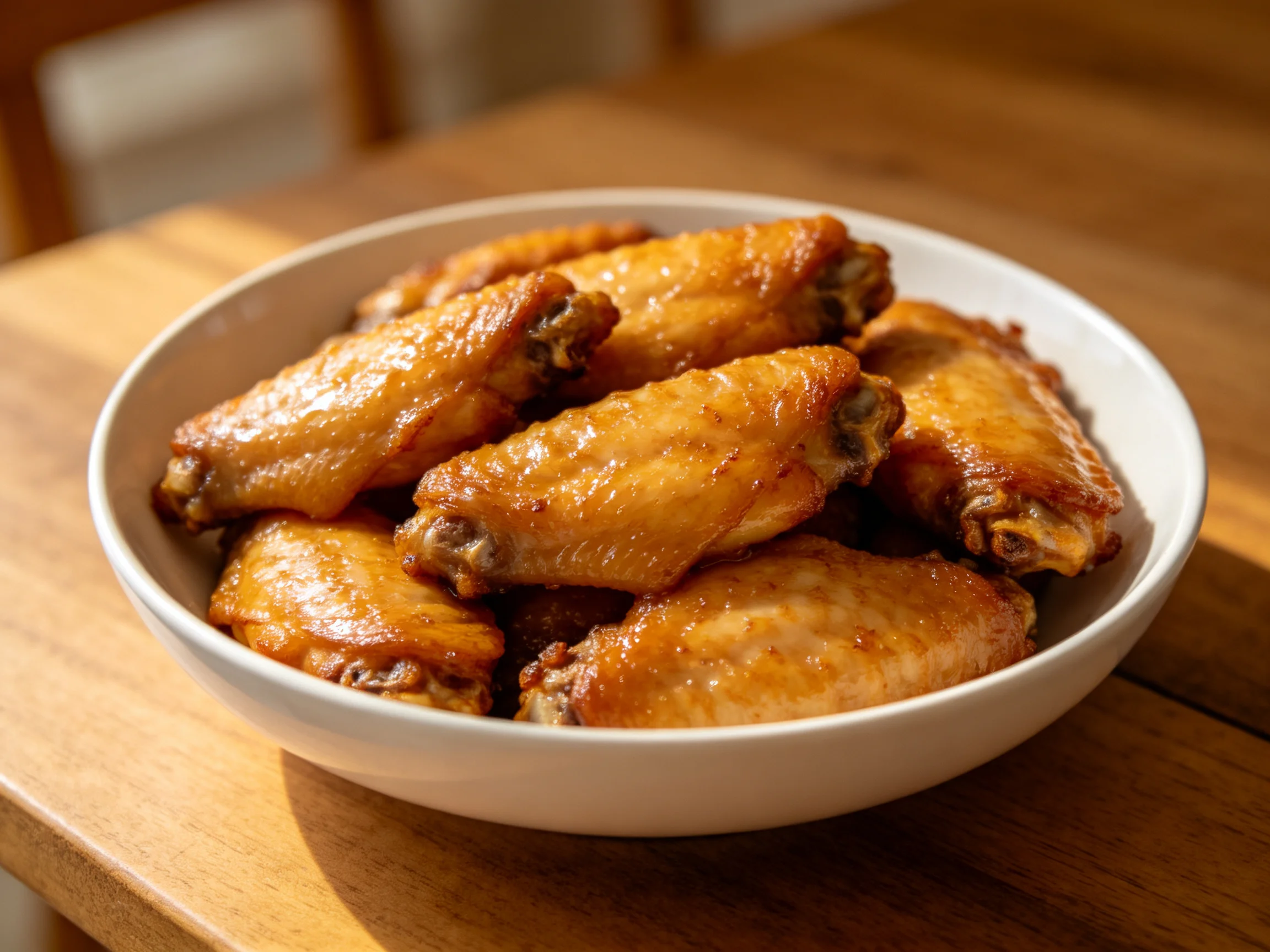 Golden-brown chicken wings served in a white bowl